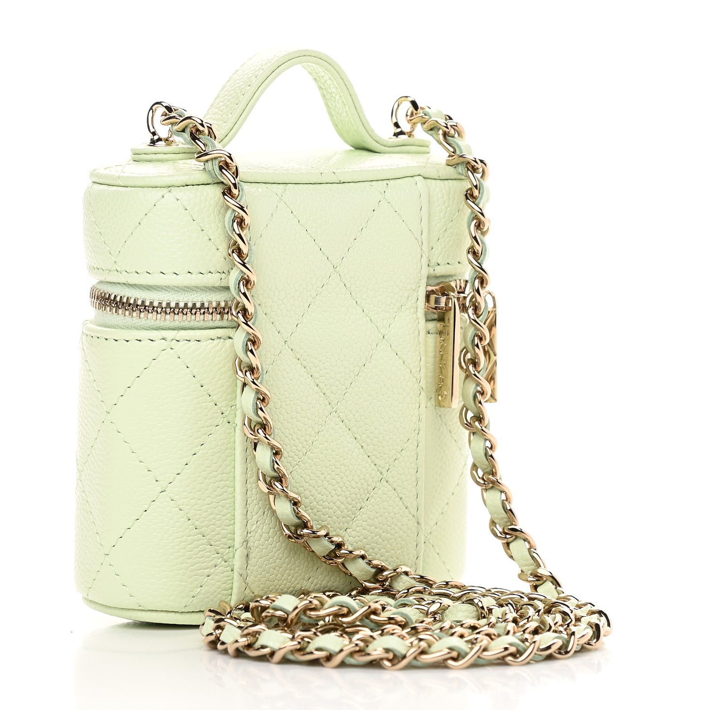 Caviar Quilted Small Handle With Care Vanity Case With Chain Light Green