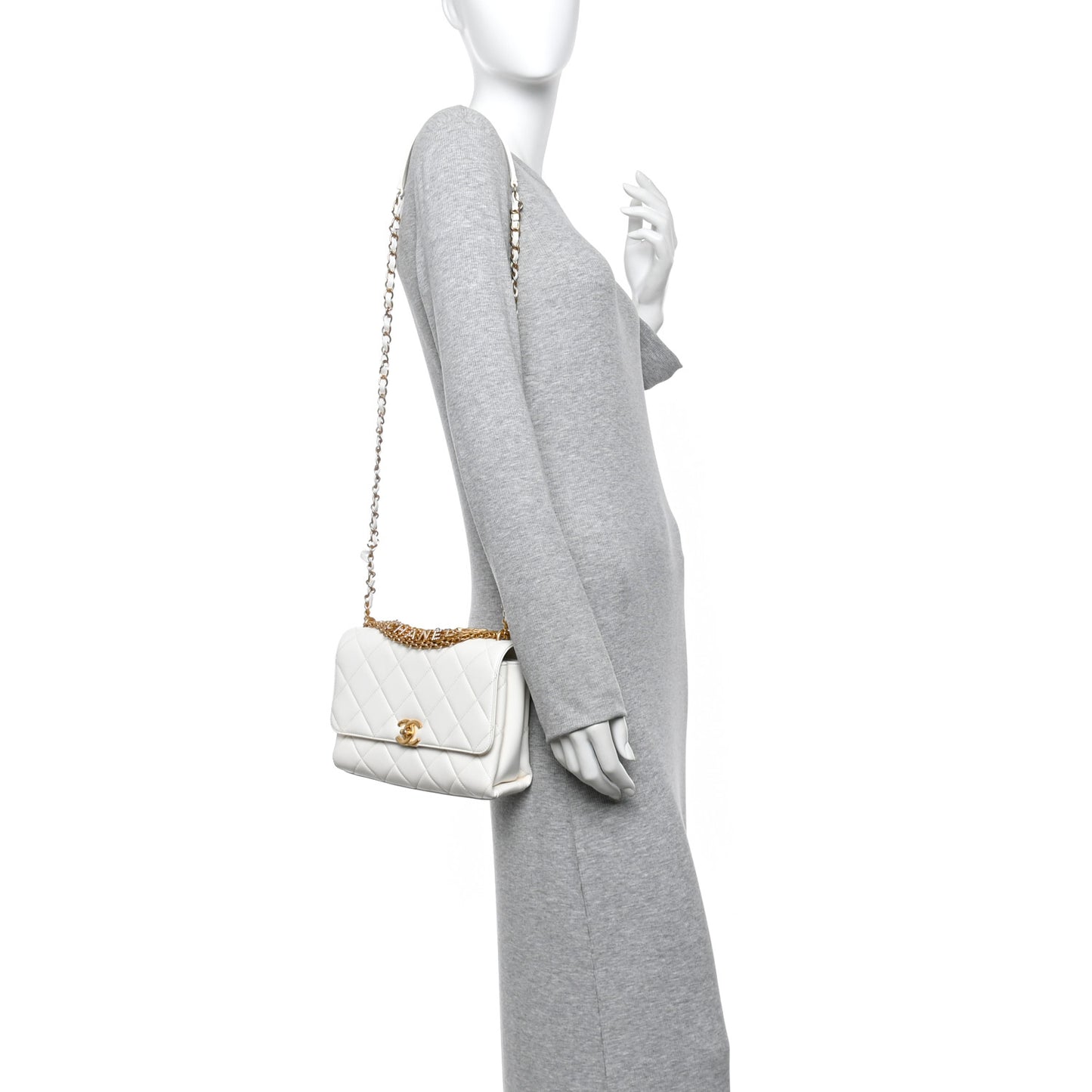 Lambskin Quilted CC Crystal Logo Chain Flap White