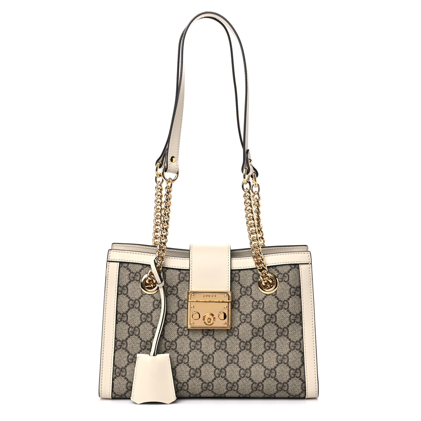 GG Supreme Monogram Moon Calfskin Small Padlock Tote Beige Ebony Mystic White
