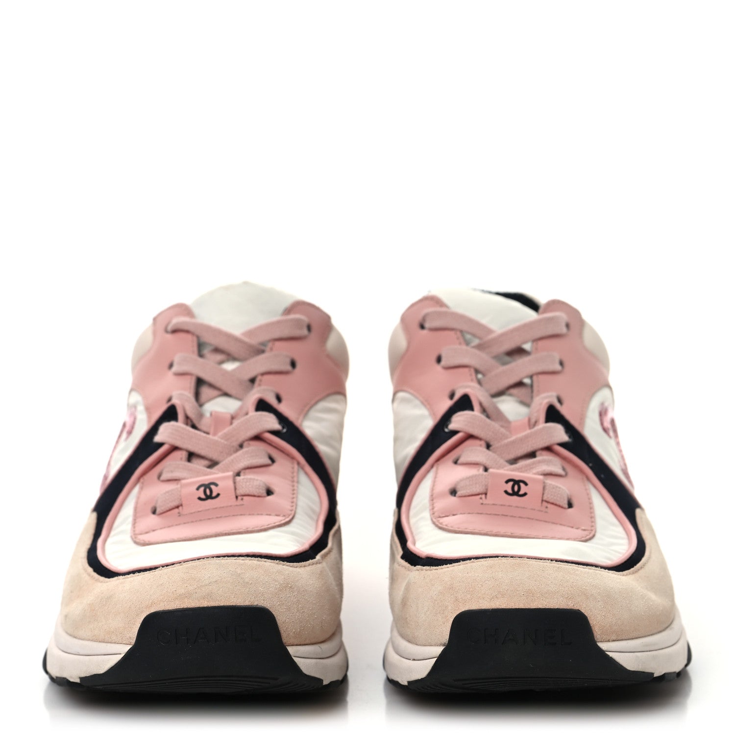 Chanel Nylon Lambskin Suede Calfskin CC Sneakers 39.5 Pink White Black 3 of 8