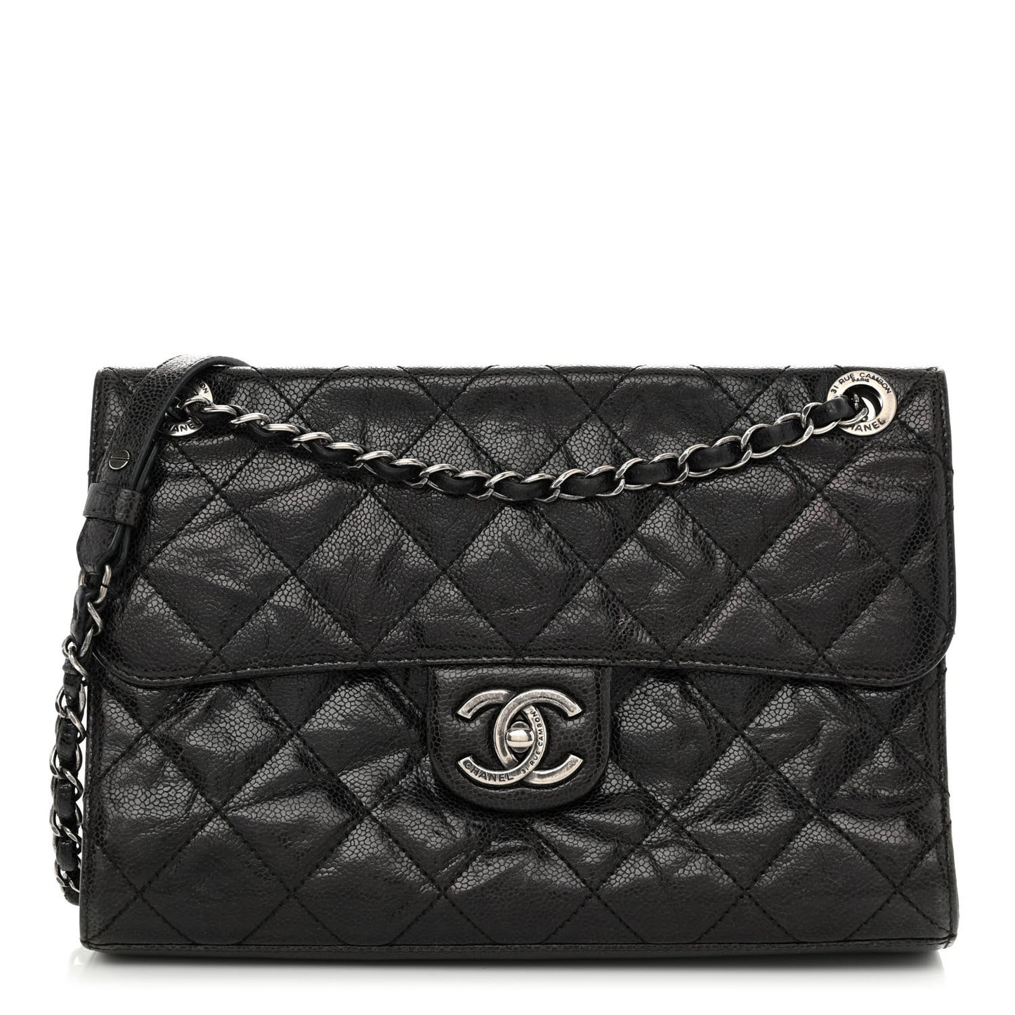Crumpled Grained Calfskin Medium CC Crave Flap Black