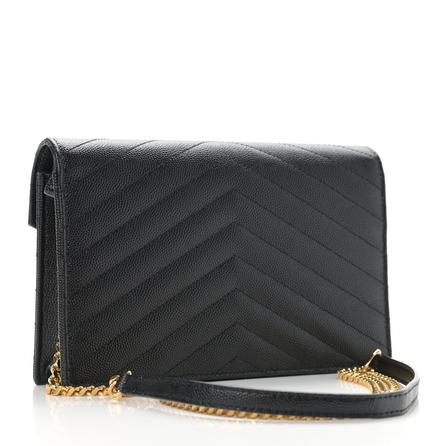 Saint Laurent Grain De Poudre Matelasse Chevron Monogram Envelope Chain Wallet Black 3 of 12
