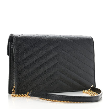 Saint Laurent Grain De Poudre Matelasse Chevron Monogram Envelope Chain Wallet Black 3 of 12