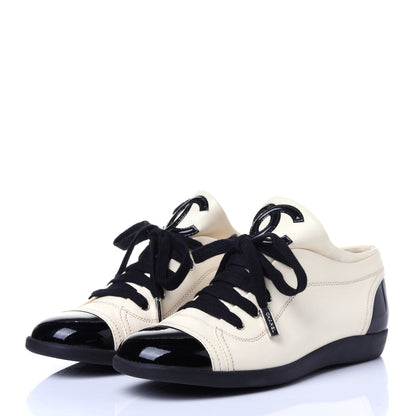 Chanel Lambskin Patent Cap Toe CC Sneakers 35.5 White Black 3 of 12
