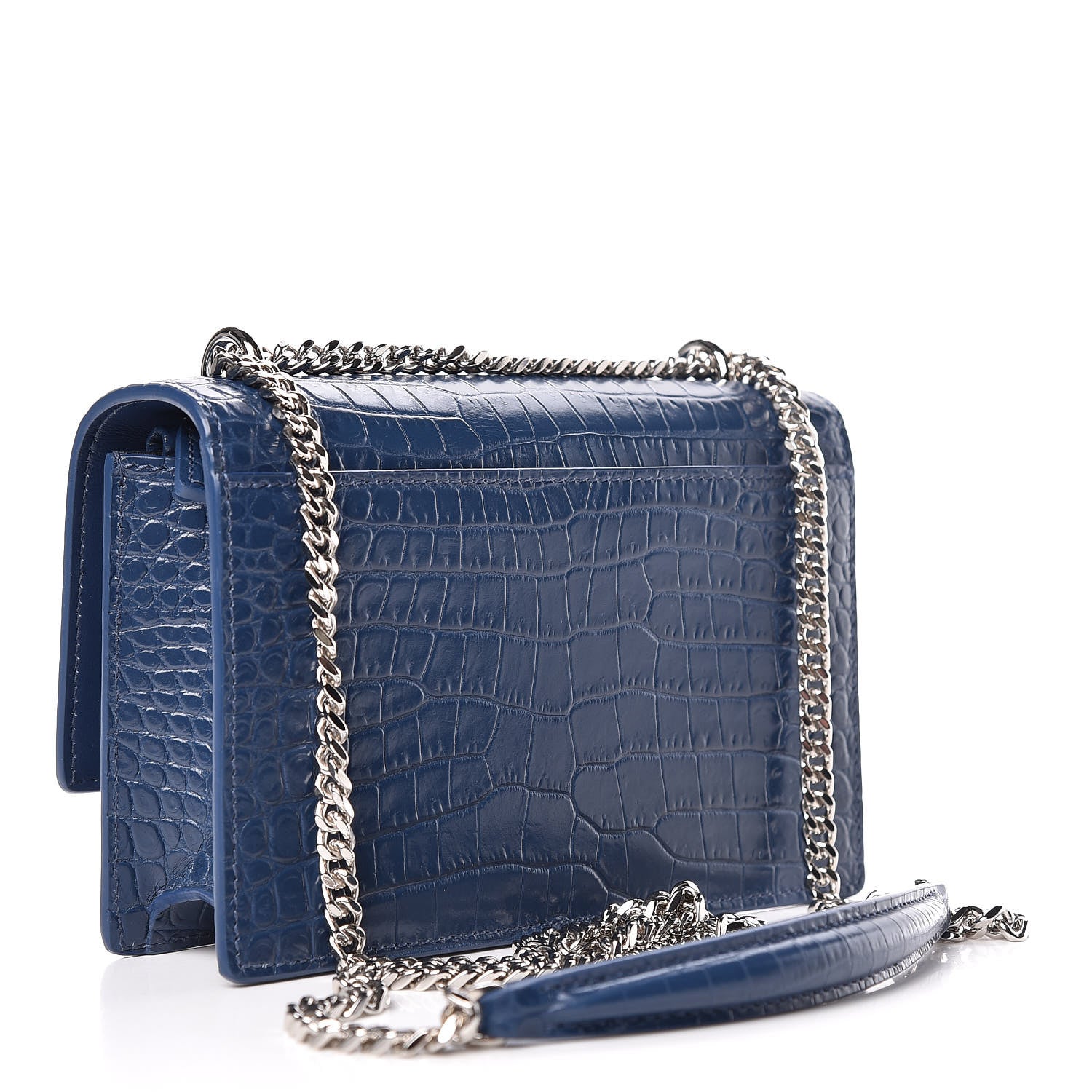 Saint Laurent Calfskin Crocodile Embossed Monogram Sunset Chain Wallet Denim 3 of 13
