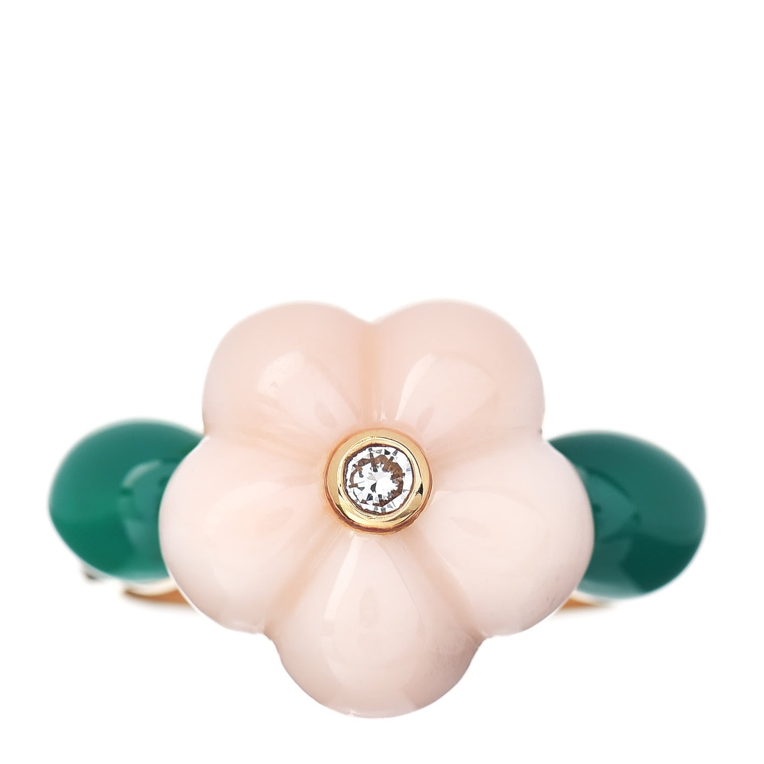 Van Cleef & Arpels 18K Yellow Gold Diamond Coral Green Chalcedony Flower Ring 48 4.5 1 of 5