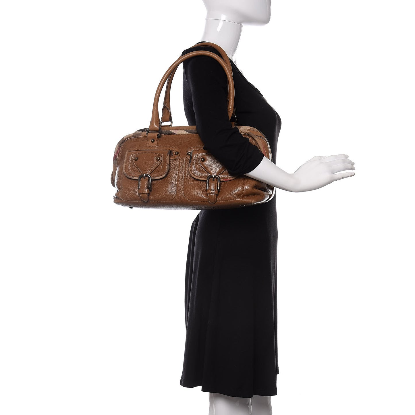 Grained Calfskin Two Front Pocket Satchel Brown