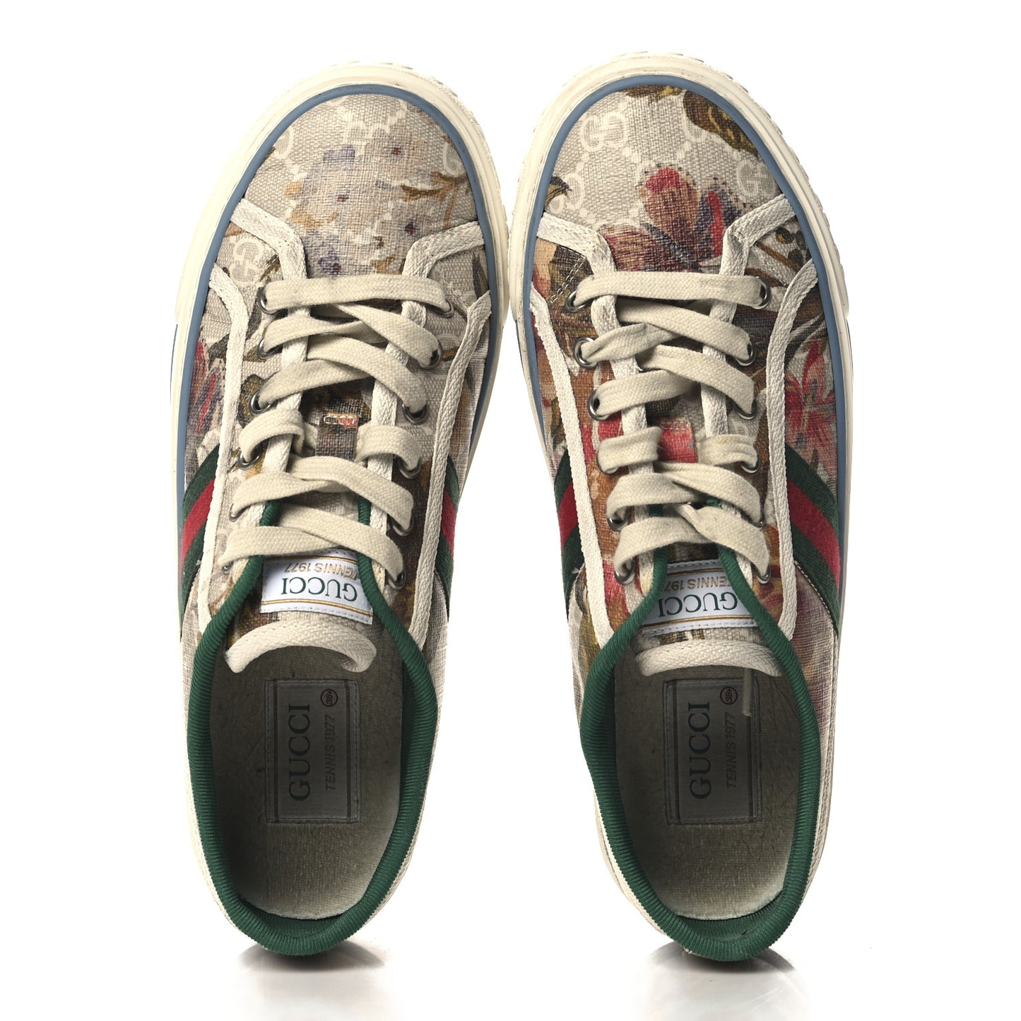 GG Supreme Monogram Water Flora Web Womens 1977 Tennis Sneakers 38.5 Beige Blue Multicolor Mystic White