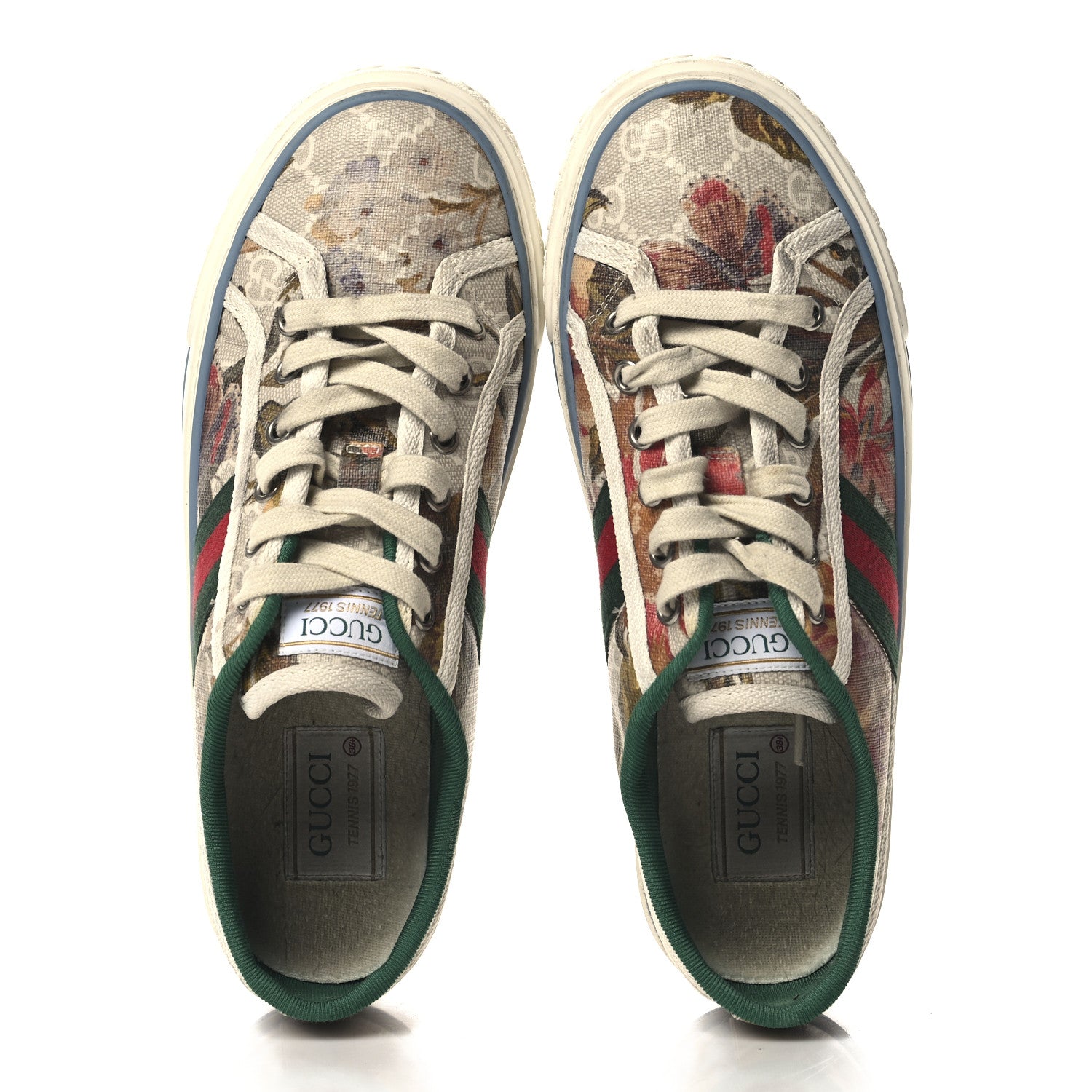 Gucci GG Supreme Monogram Water Flora Web Womens 1977 Tennis Sneakers 38.5 Beige Blue Multicolor Mystic White 2 of 8