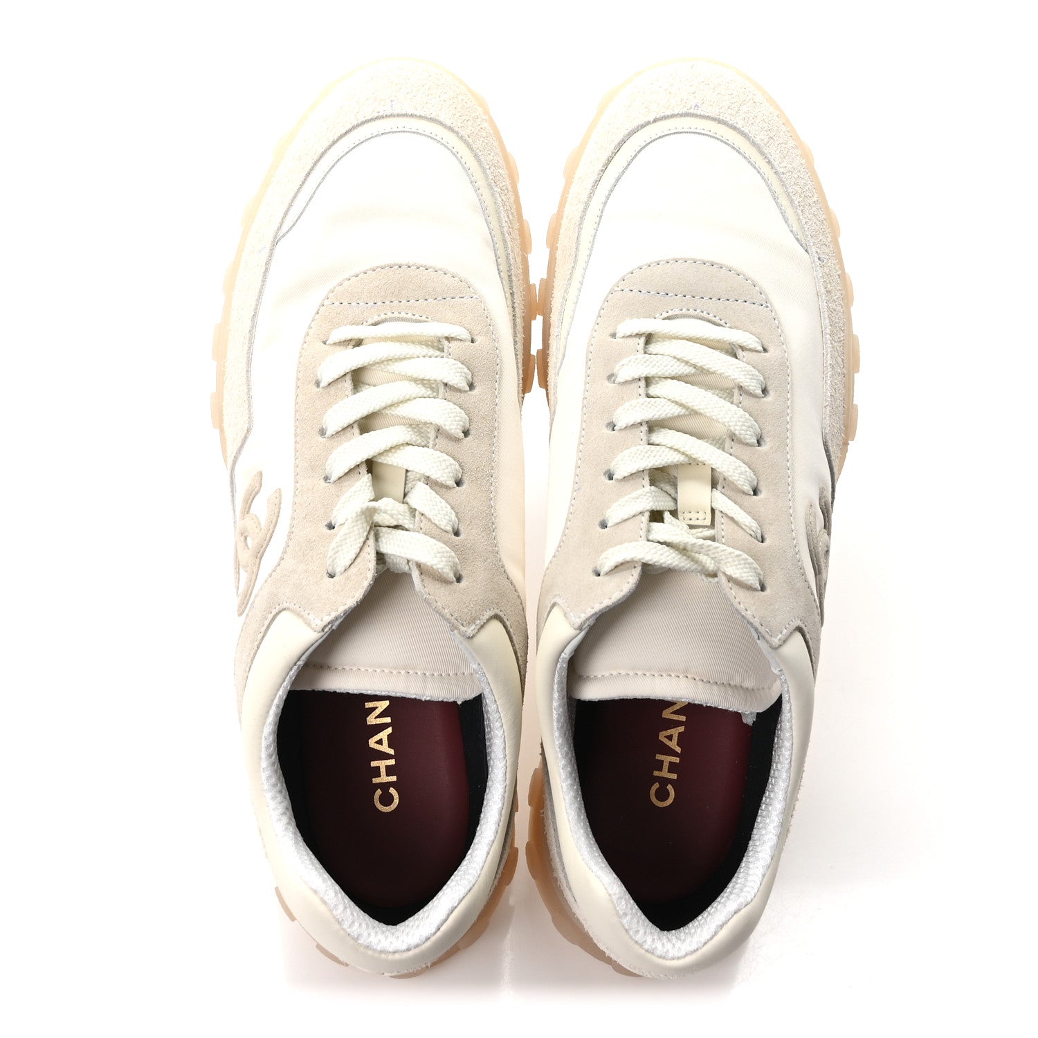 Chanel Mixed Fibers Suede Calfskin Womens CC Sneakers 41 Ivory