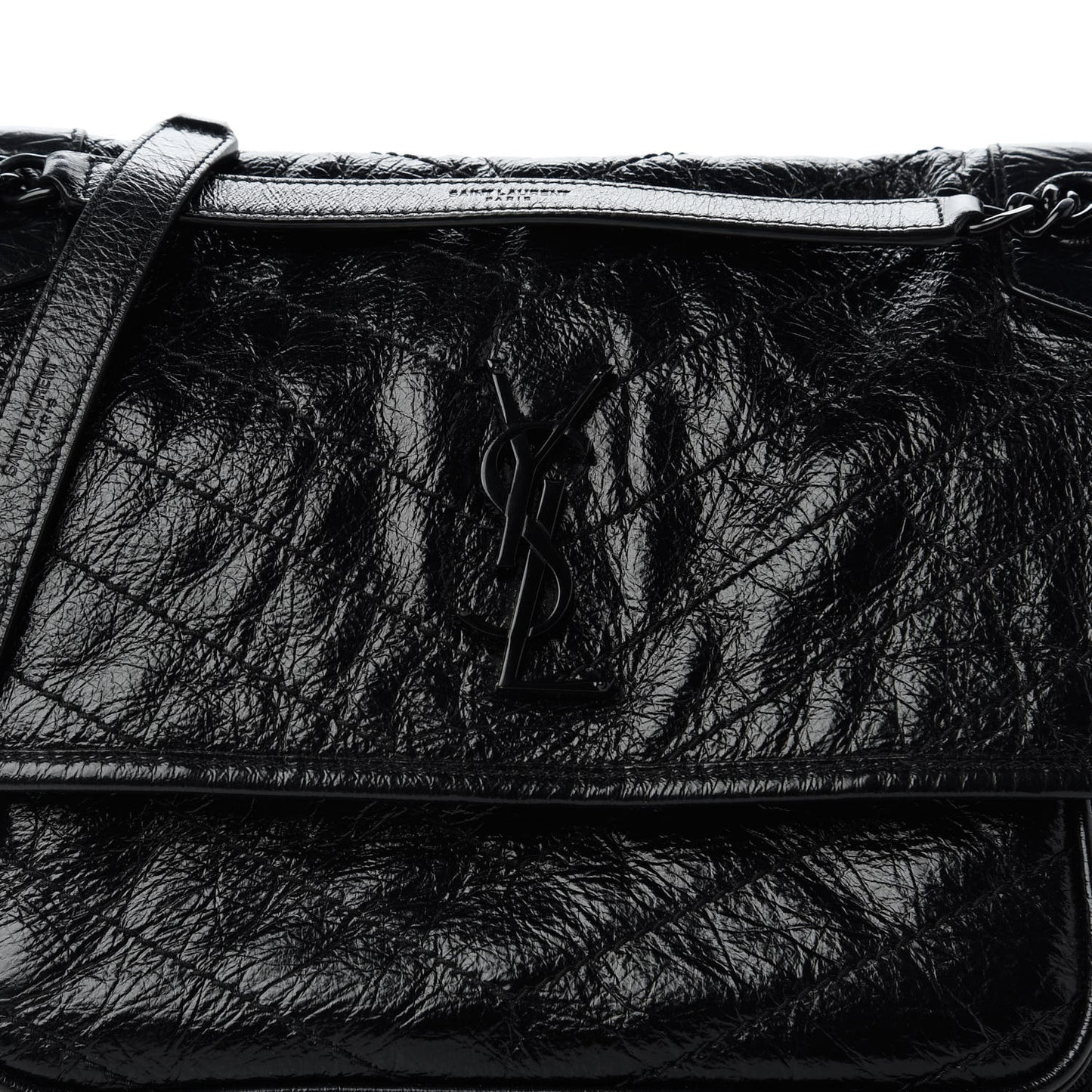 Crinkled Calfskin Matelasse Monogram Medium Niki Chain Satchel Black