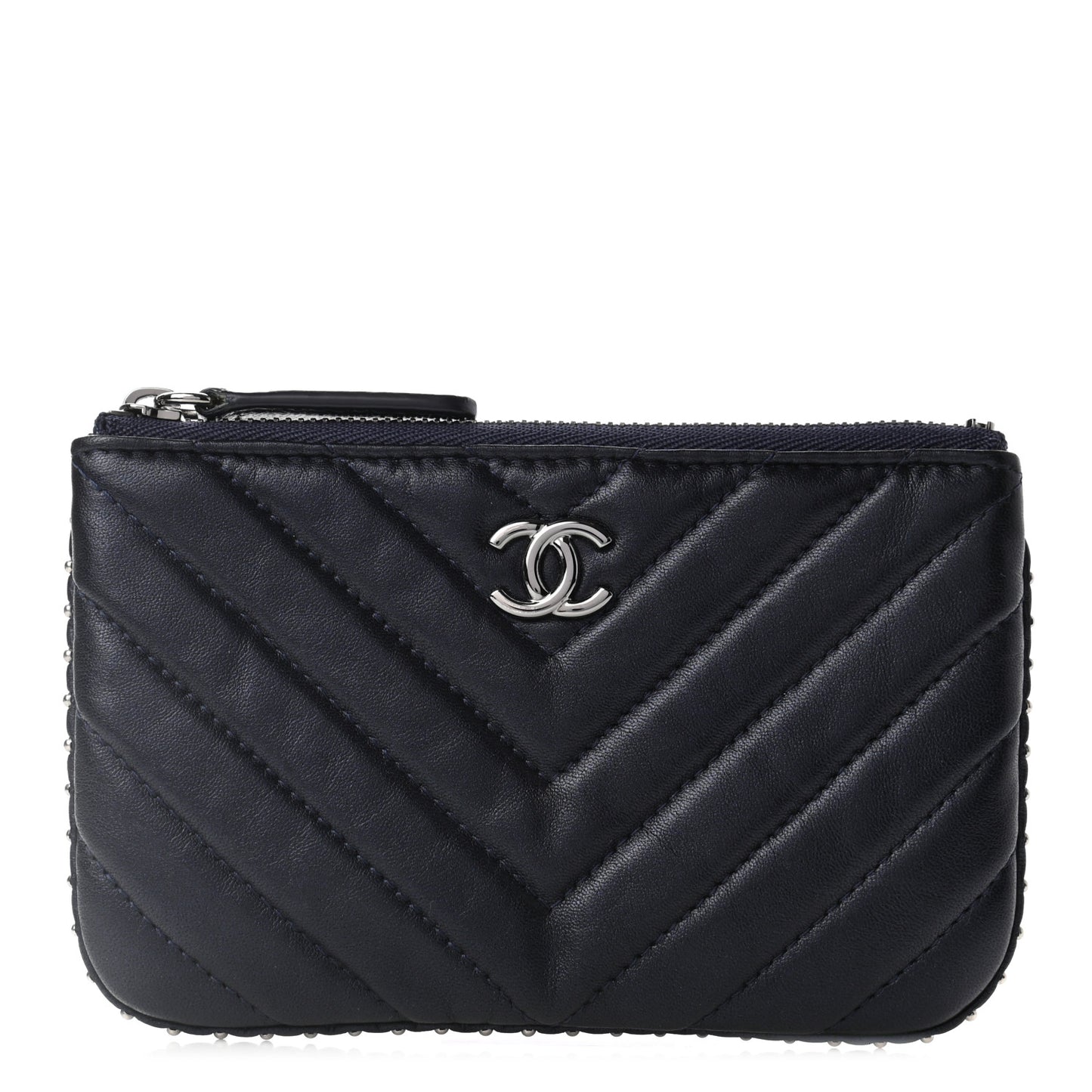 Lambskin Chevron Quilted Studded Small Cosmetic Case Dark Navy