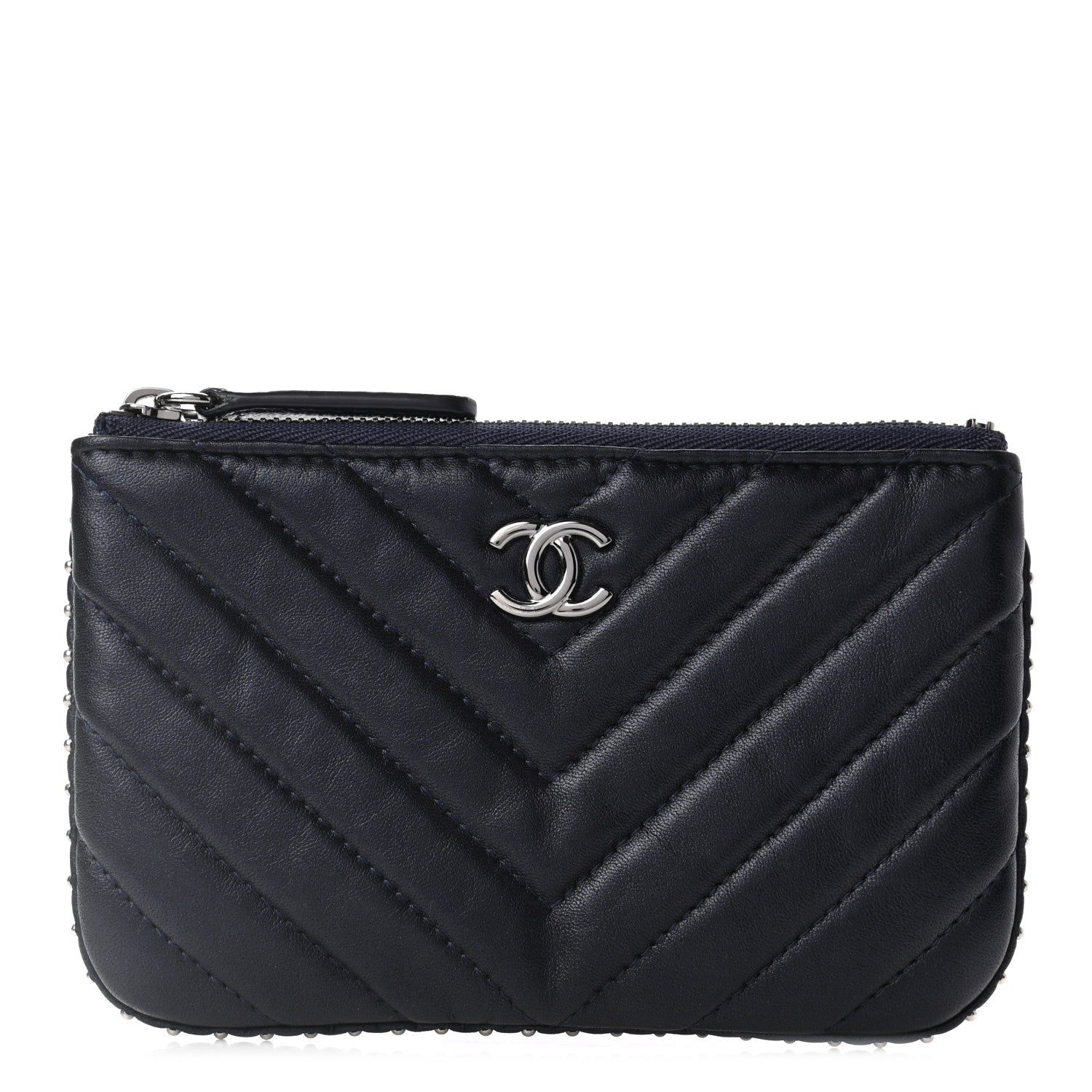 Chanel Lambskin Chevron Quilted Studded Small Cosmetic Case Dark Navy 1 of 7