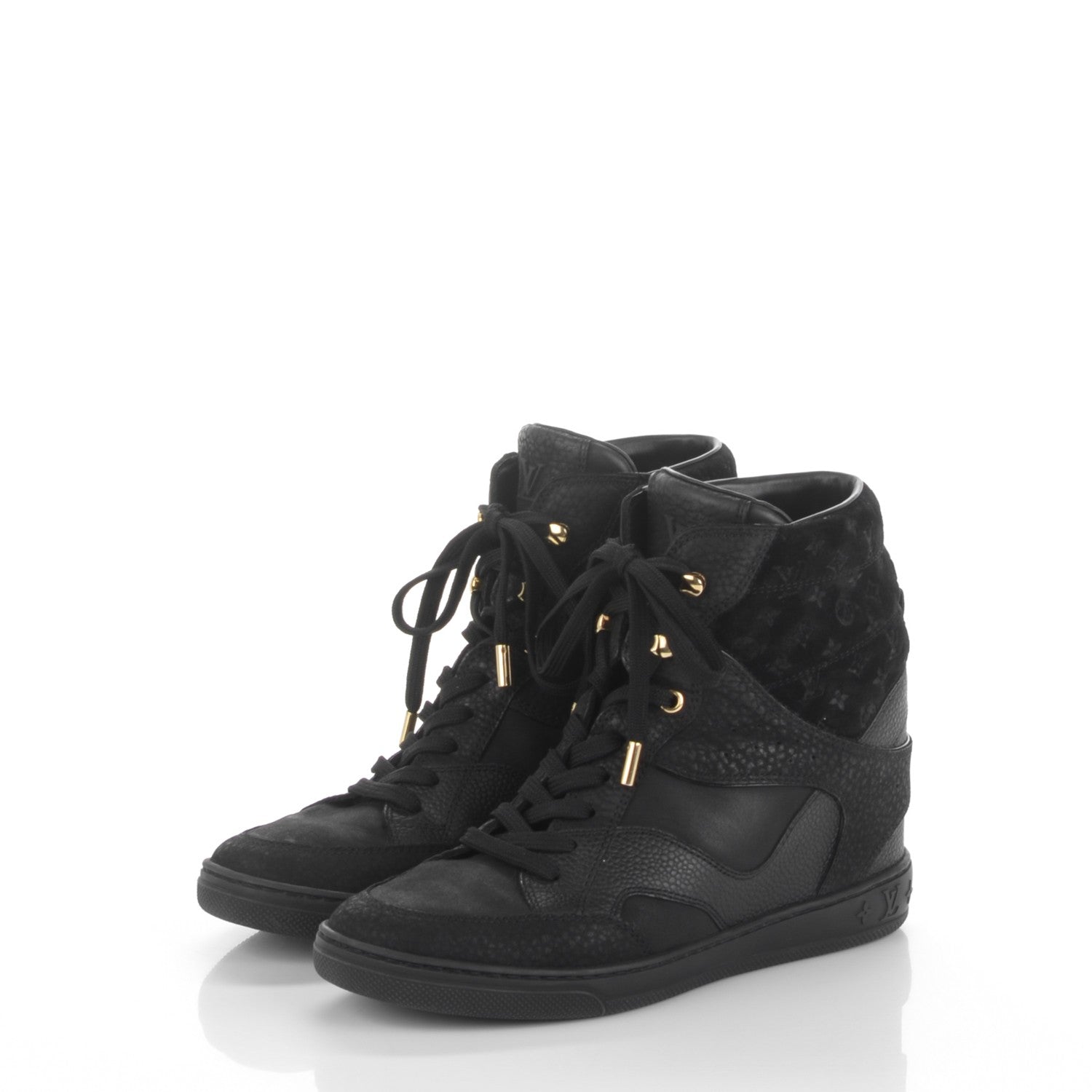 Louis Vuitton Calfskin Suede Monogram Cliff Top Wedge Sneakers 38.5 Black 3 of 6