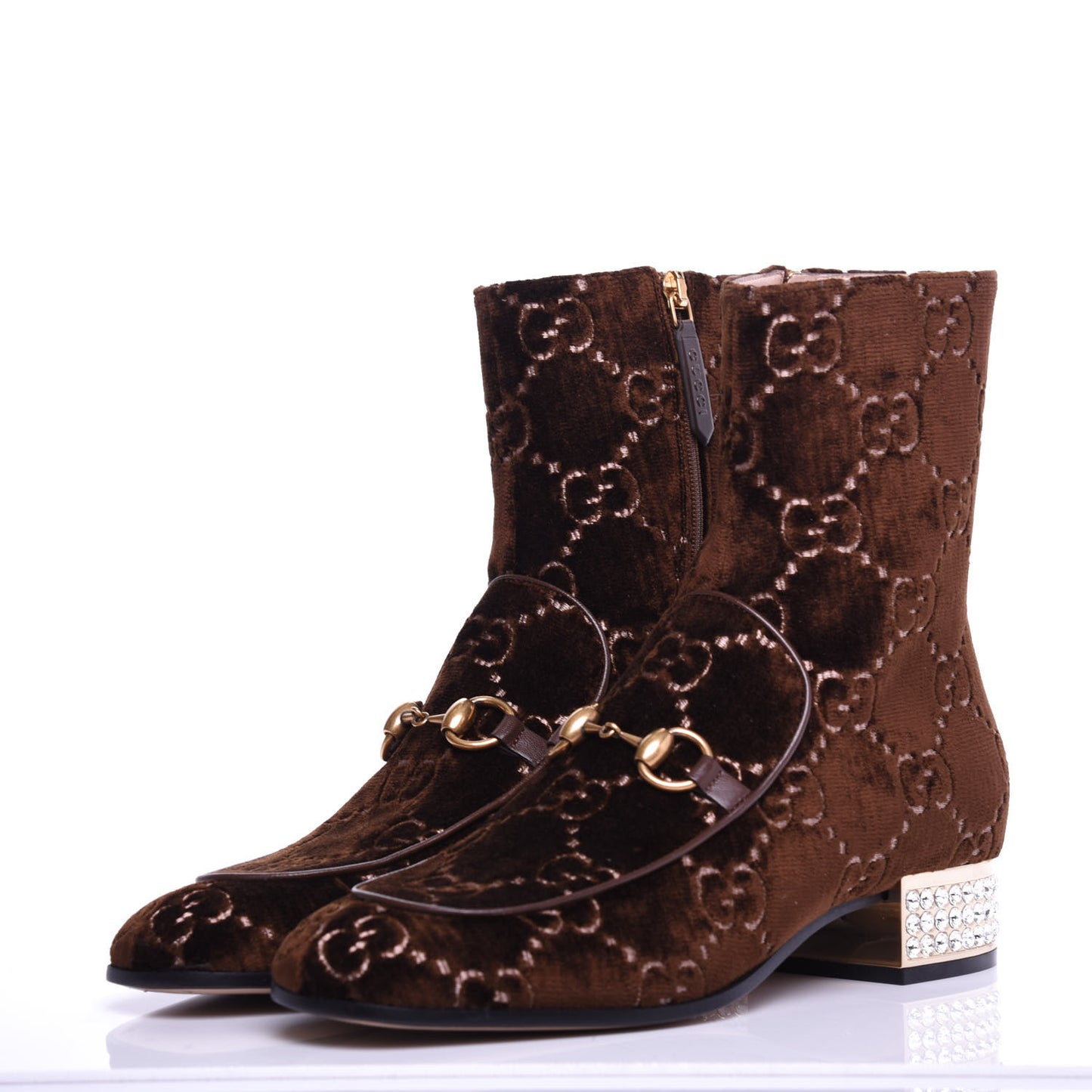 Velvet GG Monogram Crystal Horsebit Ankle Boots 38.5 Brown Vintage Cocoa