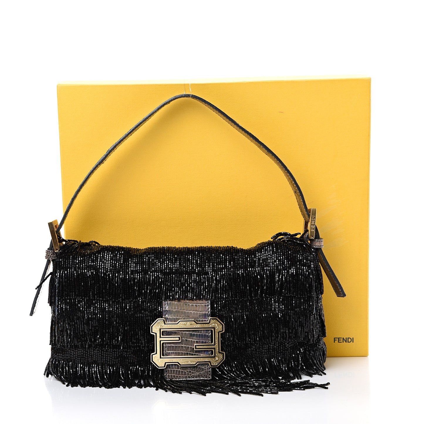 Lizard Beaded Fringe Baguette Black