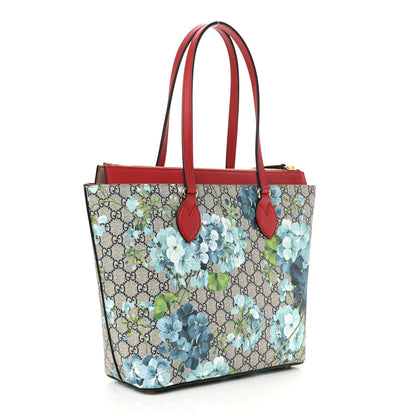 Gucci GG Supreme Monogram Blooms Medium Zippered Bucket Tote Beige Blue Navy Hibiscus Red 3 of 10