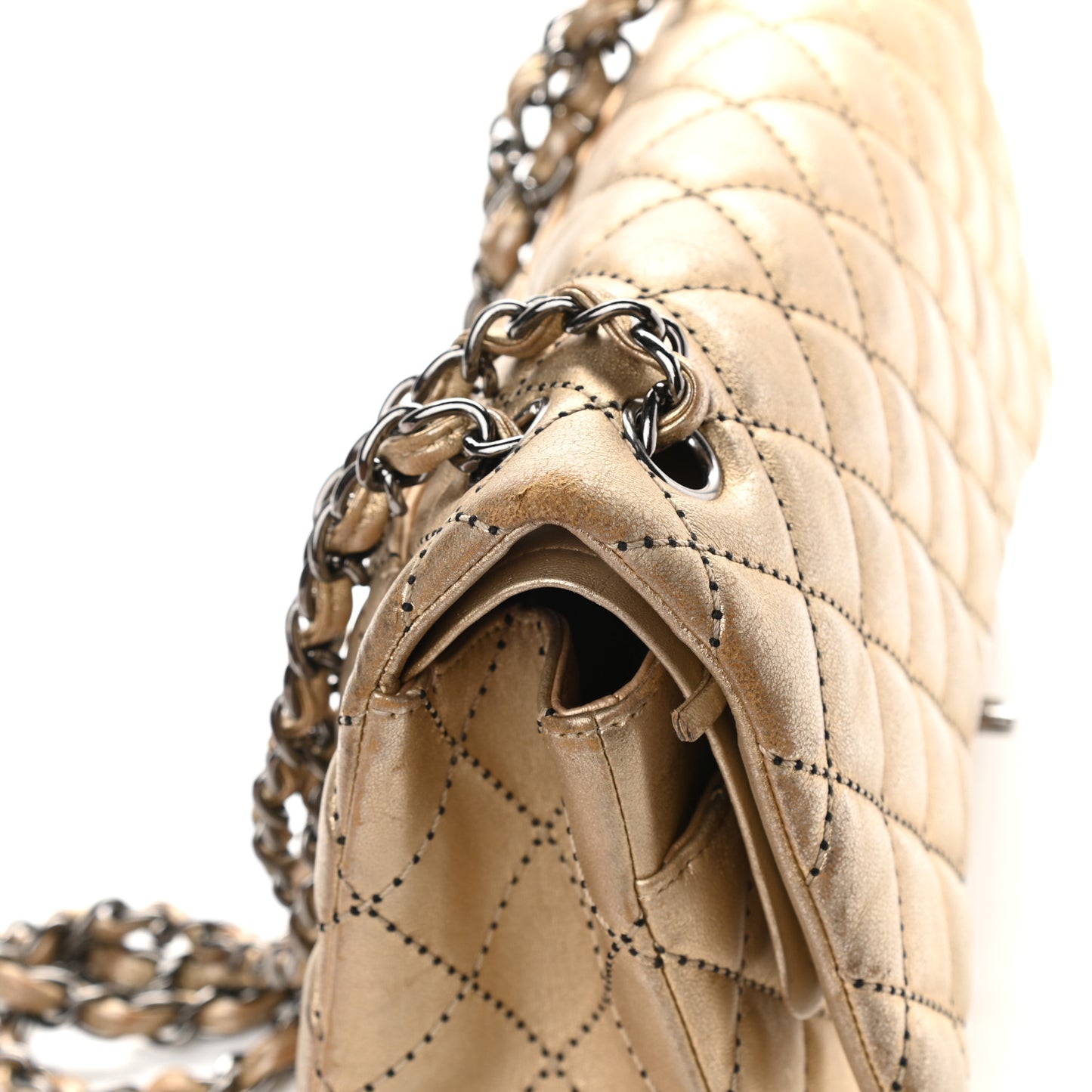 Metallic Washed Lambskin Quilted Jumbo Double Flap Dark Gold Black