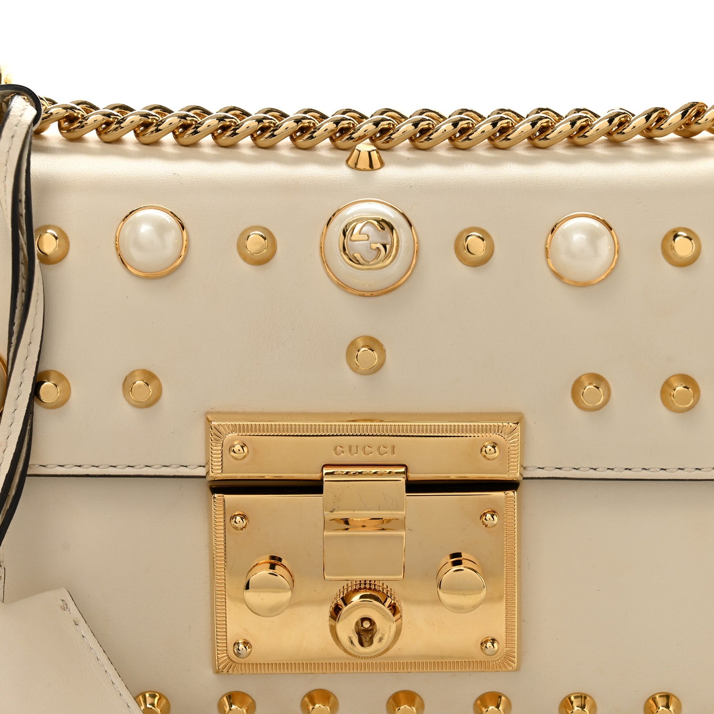 Calfskin Studded Small Padlock Shoulder Bag White