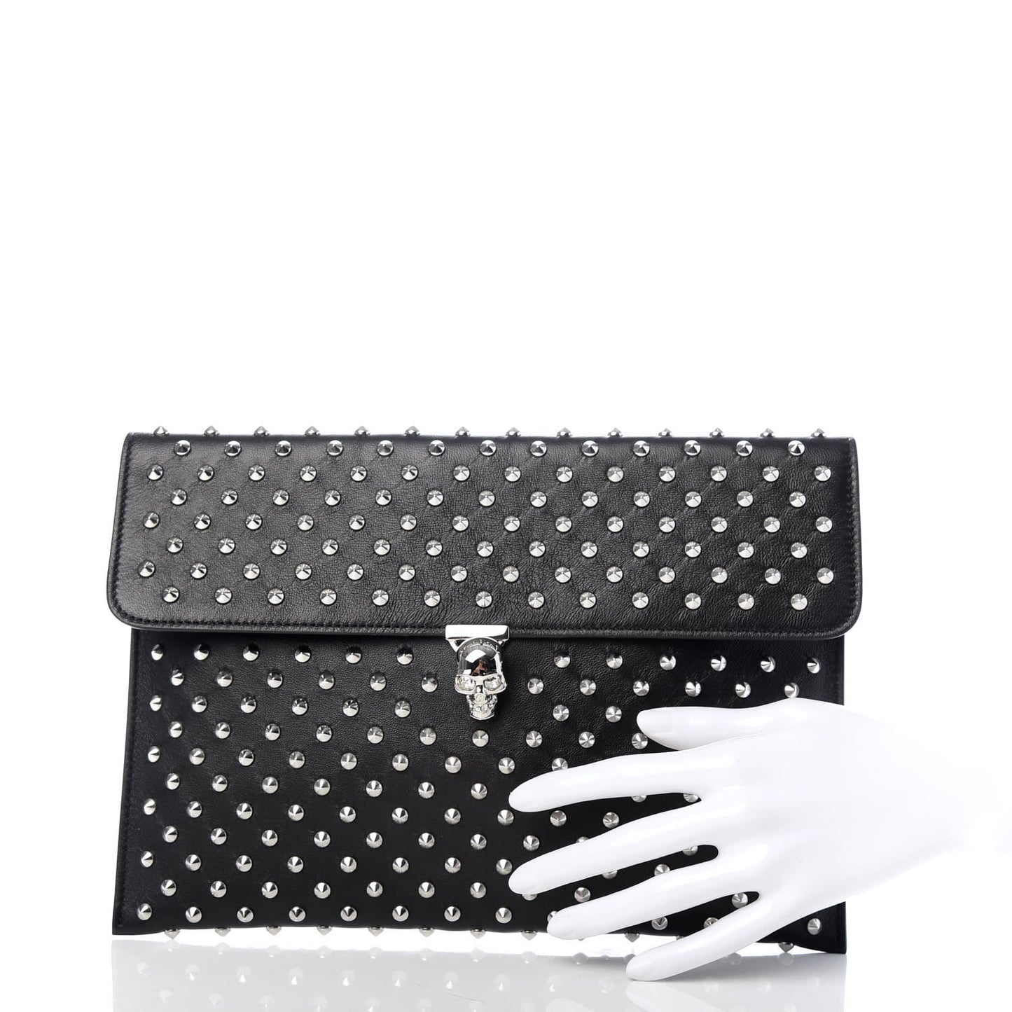 Grained Calfskin Studded Skull Envelope Clutch Black