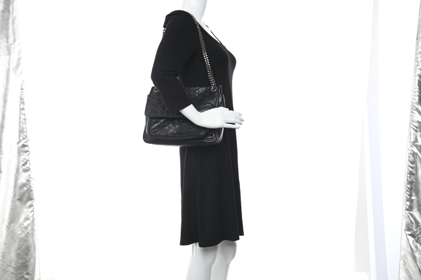 Crinkled Calfskin Matelasse Monogram Medium Niki Chain Satchel Black