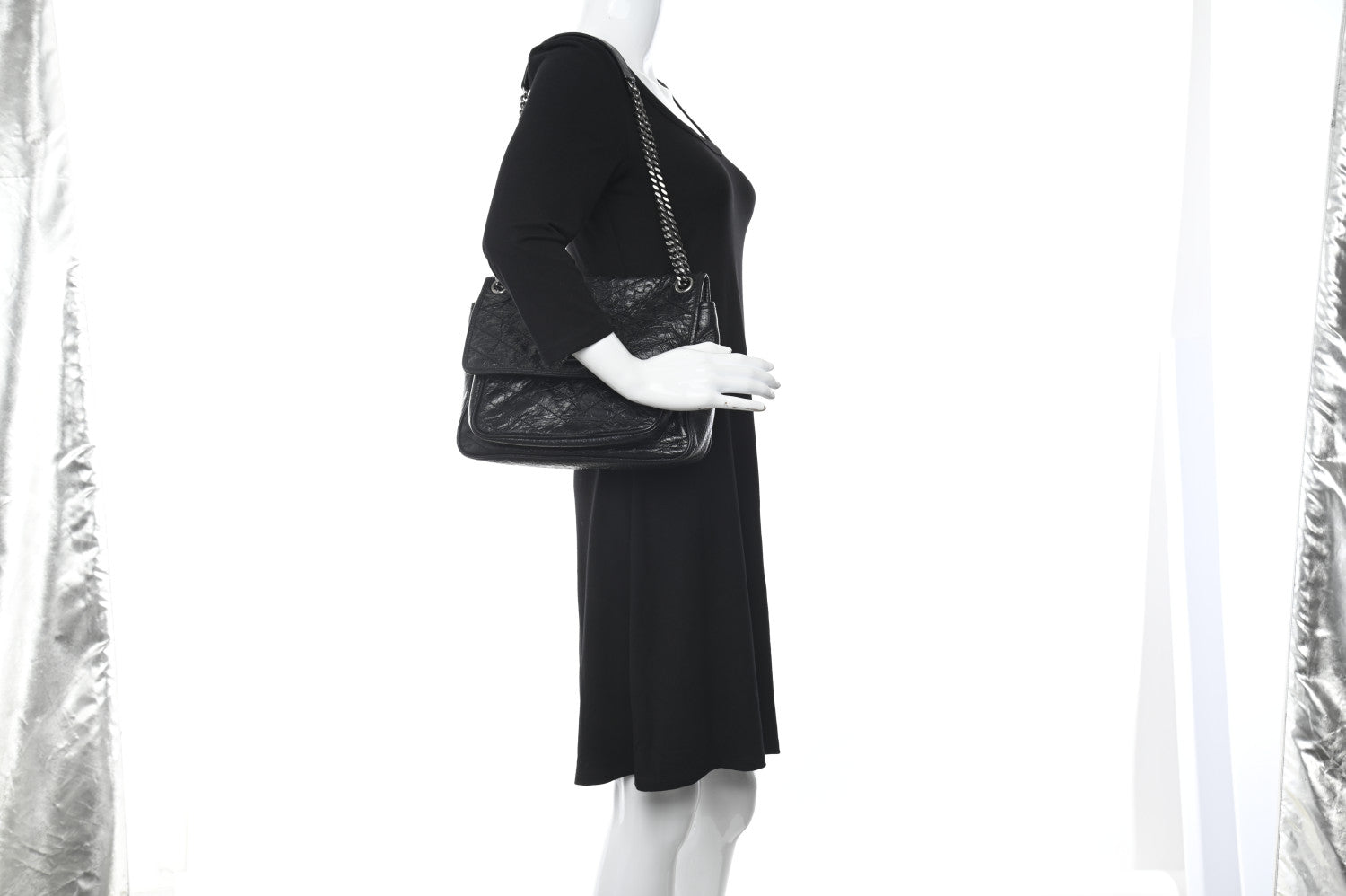 Saint Laurent Crinkled Calfskin Matelasse Monogram Medium Niki Chain Satchel Black 2 of 10