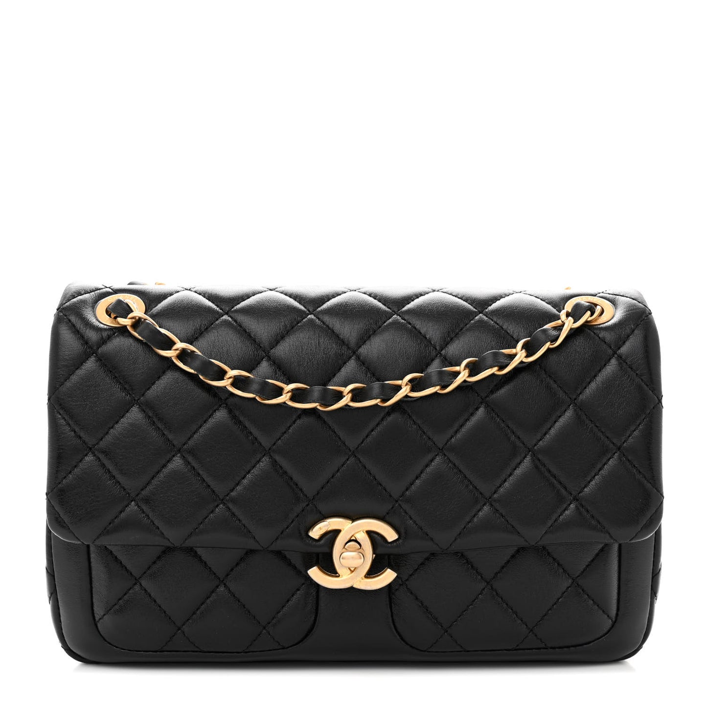 Shiny Lambskin Quilted Small Daily Friend Flap Black
