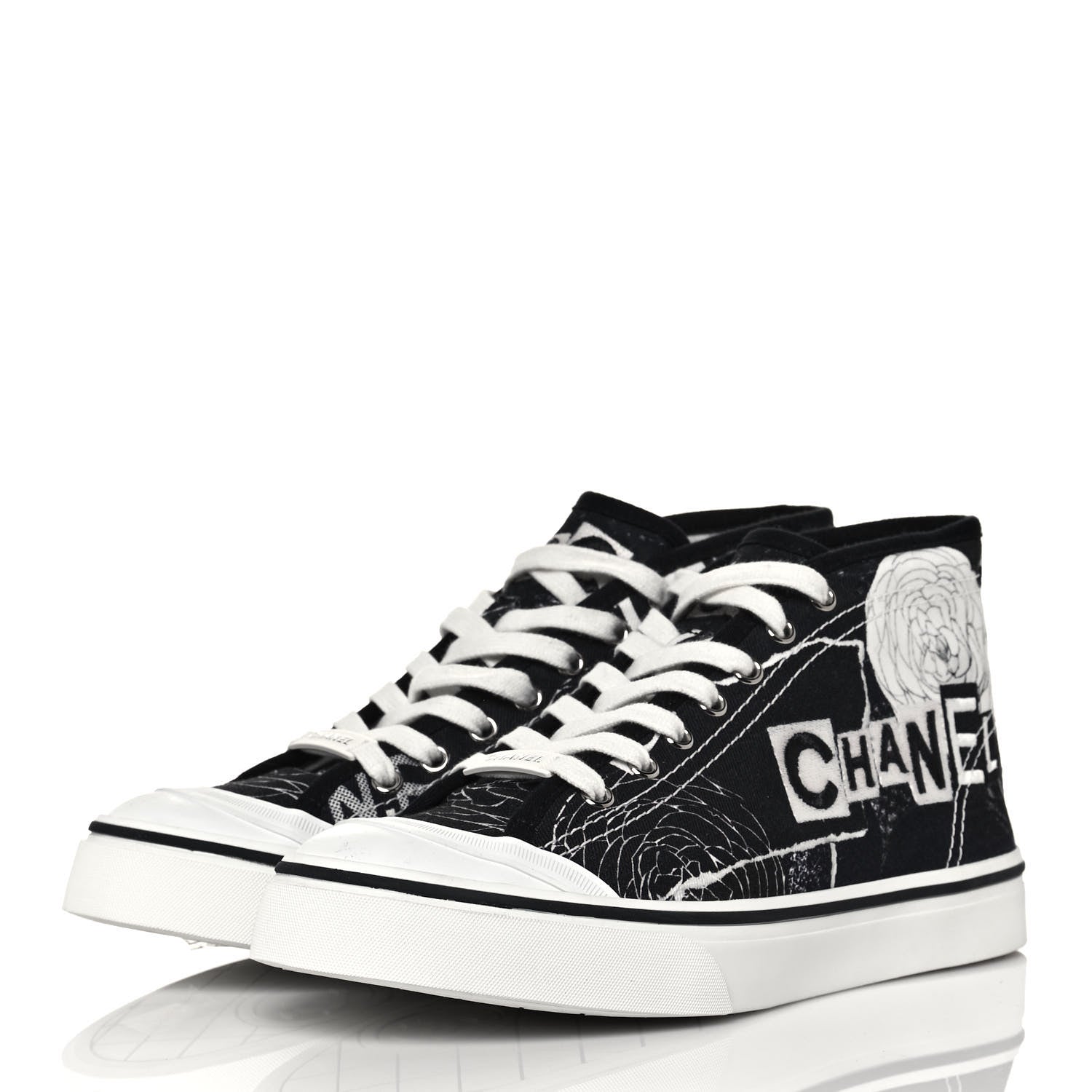 Chanel Printed Fabric High Top Logo Sneakers 39 White Black 3 of 7