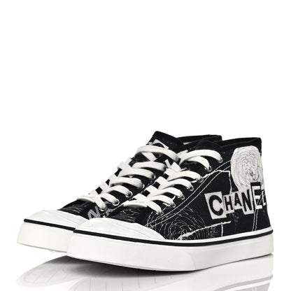 Chanel Printed Fabric High Top Logo Sneakers 39 White Black 3 of 7