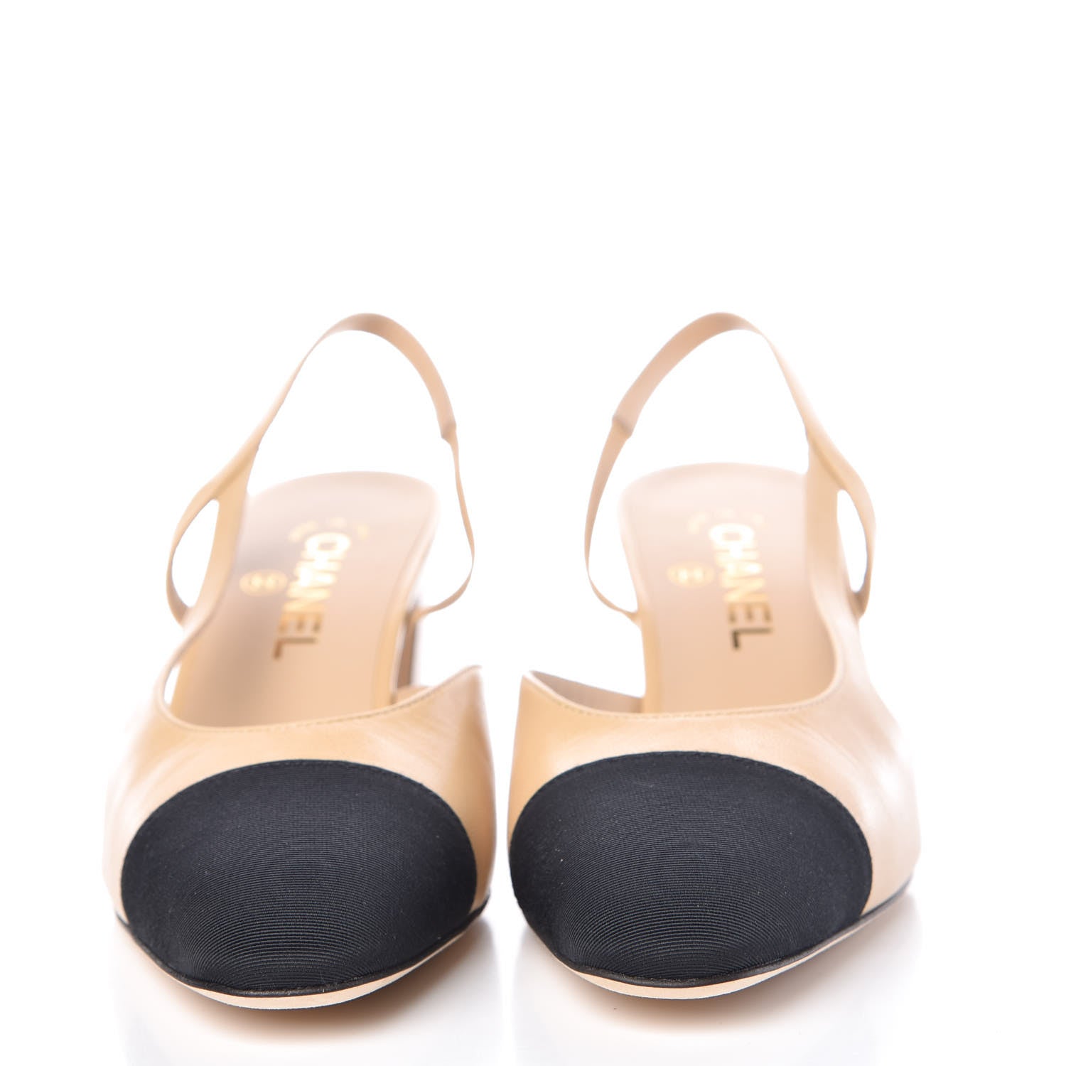 Chanel Goatskin Grosgrain Cap Toe CC Slingback Pumps 39 Beige Black 2 of 11