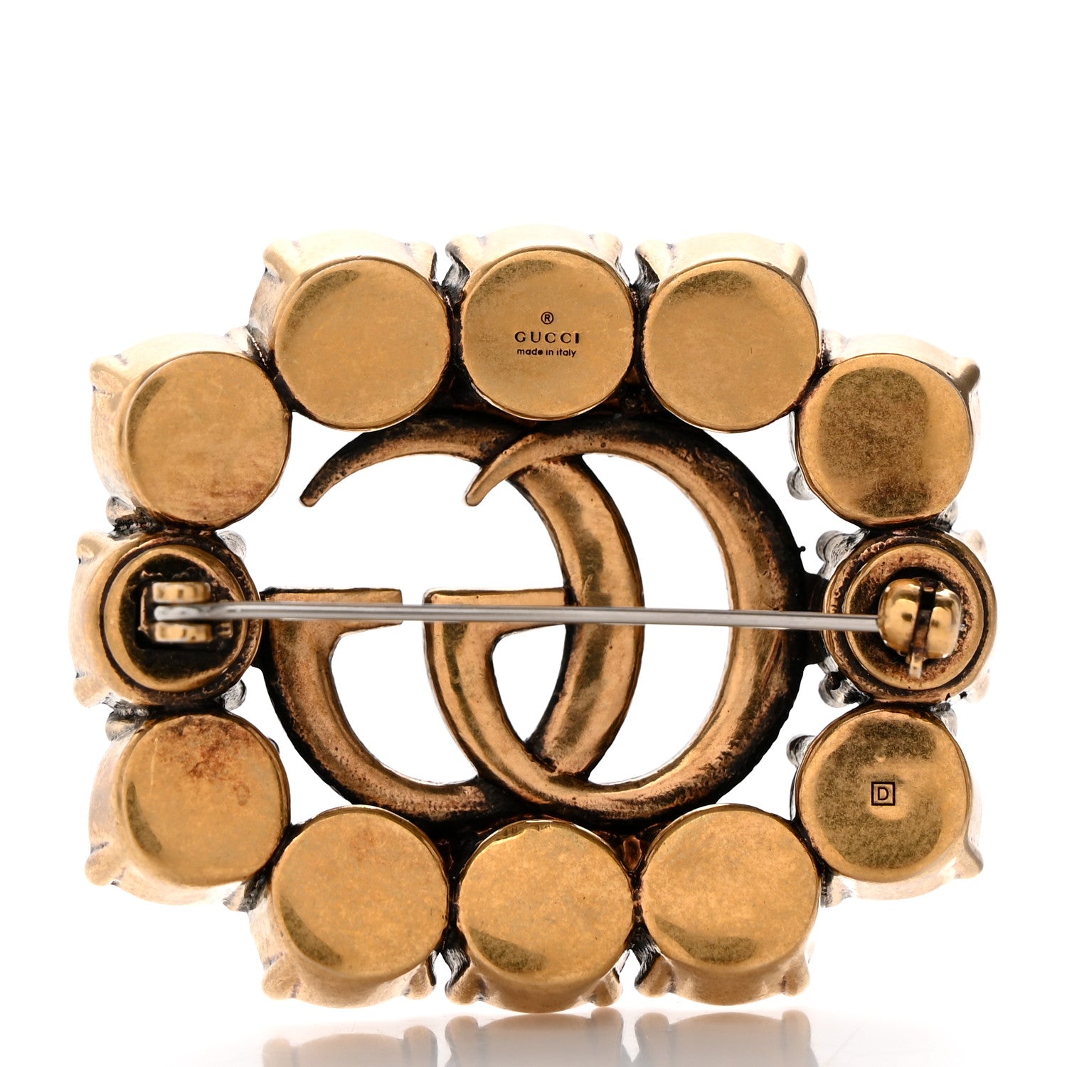Gucci Metal Crystal Double G Brooch Aged Gold 3 of 4