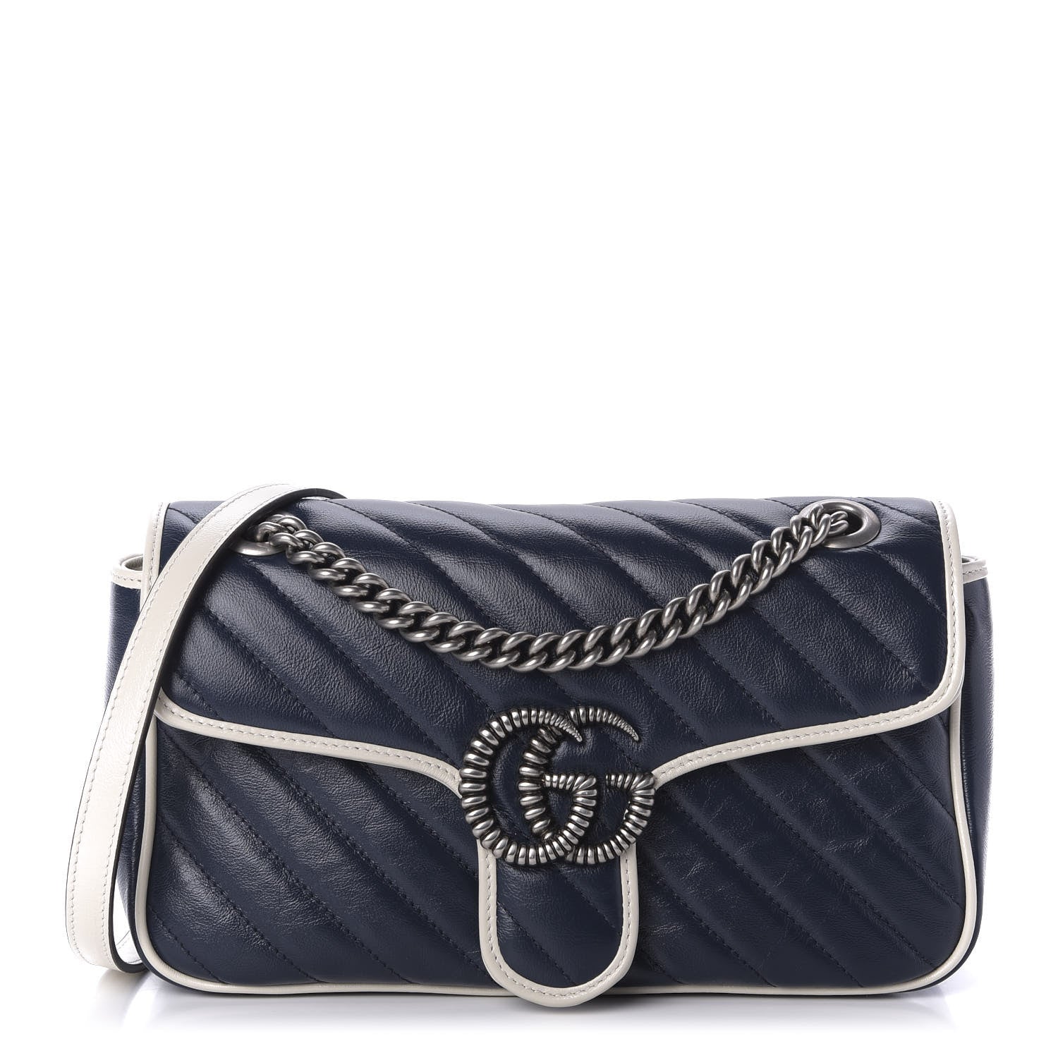 Gucci Vintage Effect Calfskin Matelasse Diagonal Small Torchon GG Marmont Shoulder Bag Blue Agata Mystic White 1 of 9