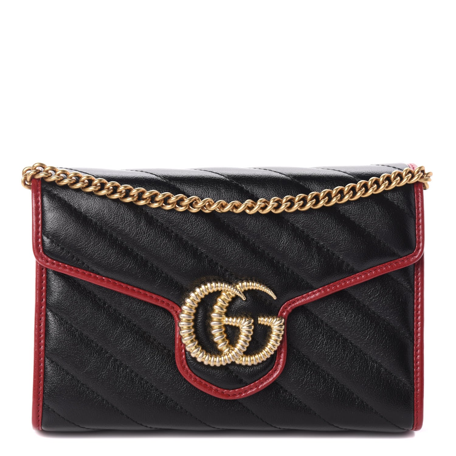 Gucci Vintage Effect Calfskin Matelasse Diagonal Torchon GG Marmont Chain Wallet Black Romantic Cherry 1 of 10