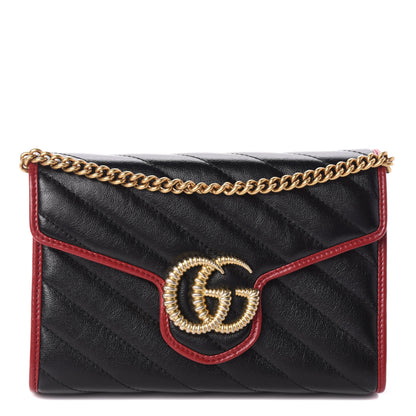 Gucci Vintage Effect Calfskin Matelasse Diagonal Torchon GG Marmont Chain Wallet Black Romantic Cherry 1 of 10