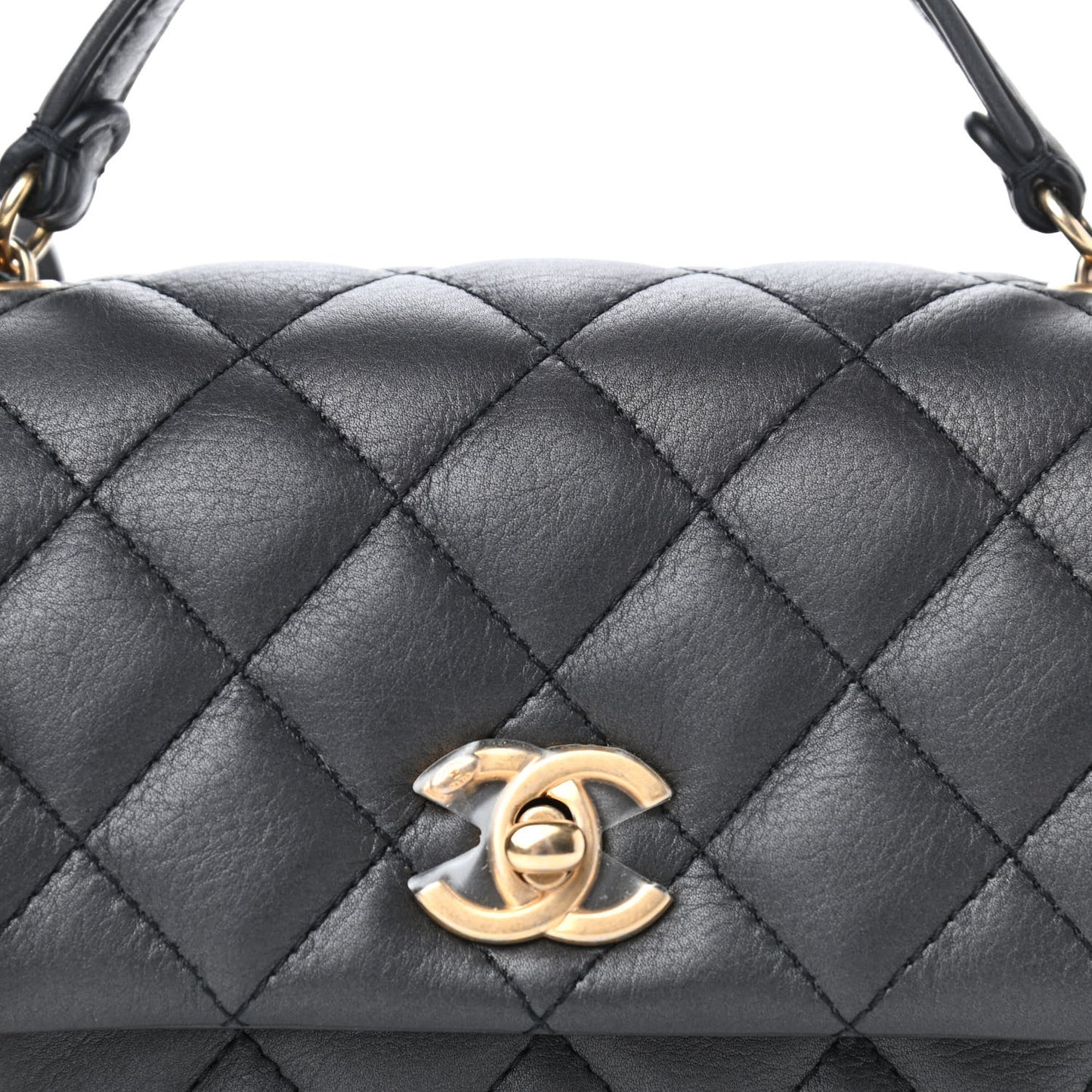 Calfskin Quilted Top Handle Flap Black