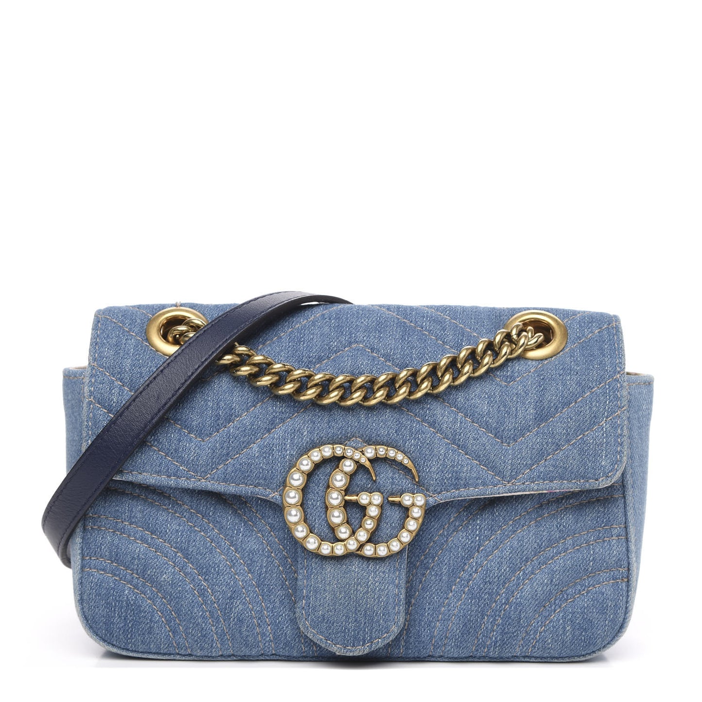 Denim Matelasse Mini Pearly GG Marmont Shoulder Bag Blue