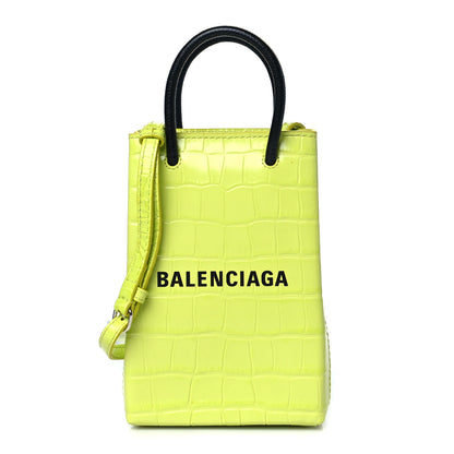 Balenciaga Calfskin Crocodile Embossed Logo Shopping Phone Holder Bag Lime 1 of 10