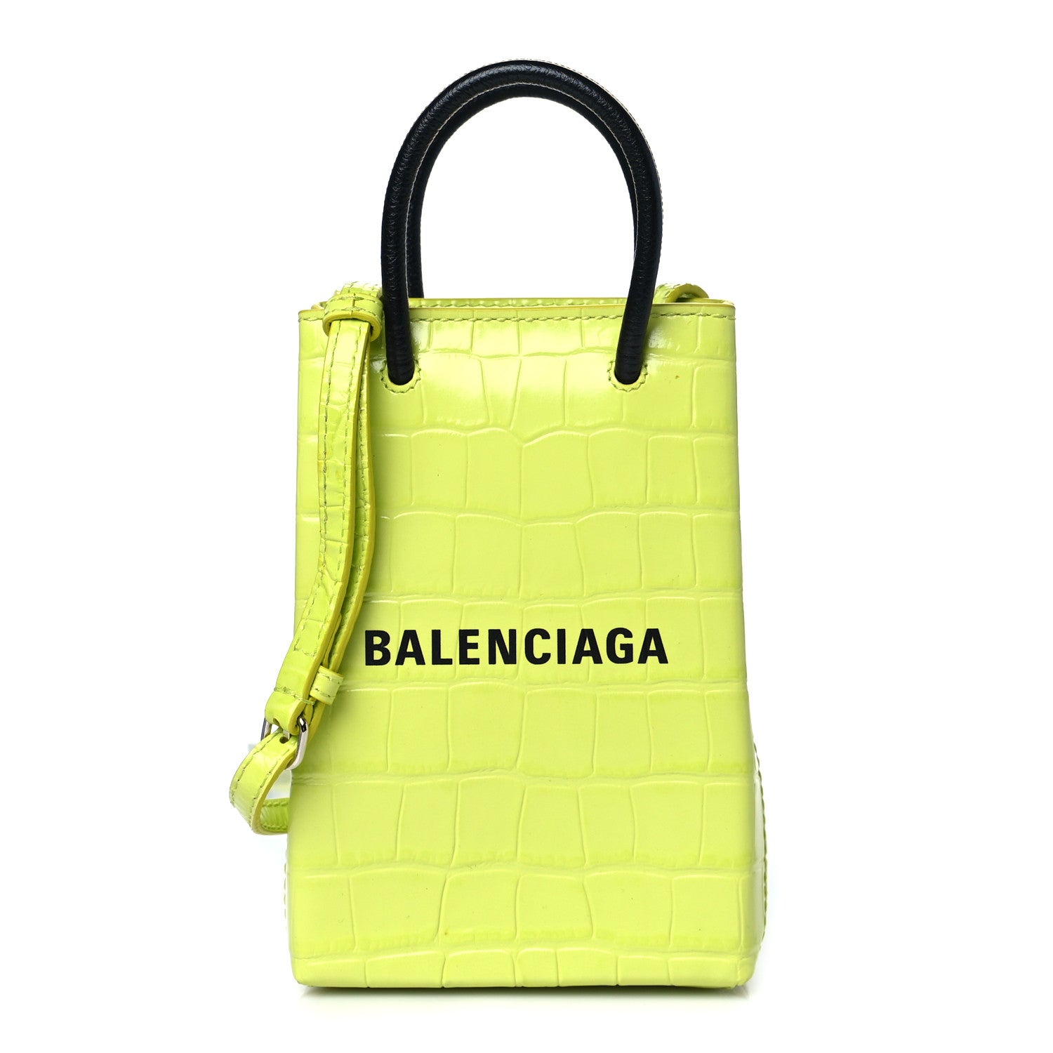 Balenciaga Calfskin Crocodile Embossed Logo Shopping Phone Holder Bag Lime 1 of 10