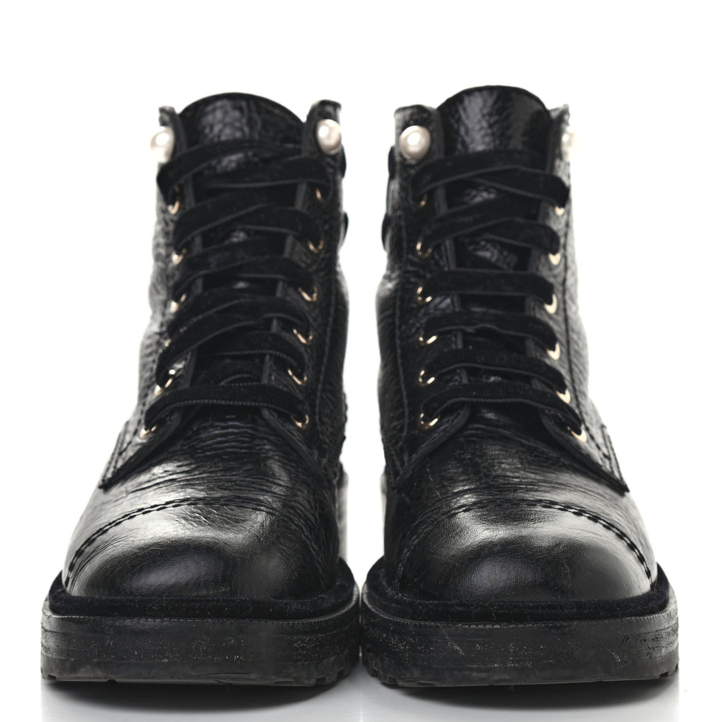 Calfskin Velvet Pearl Combat Short Boots 39.5 Black