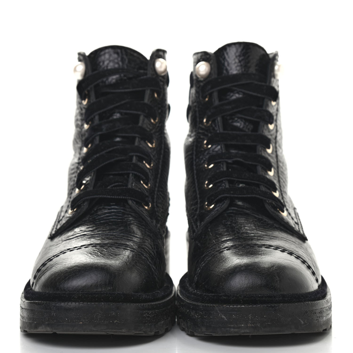 Chanel Calfskin Velvet Pearl Combat Short Boots 39.5 Black 2 of 11
