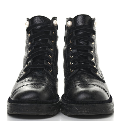 Chanel Calfskin Velvet Pearl Combat Short Boots 39.5 Black 2 of 11