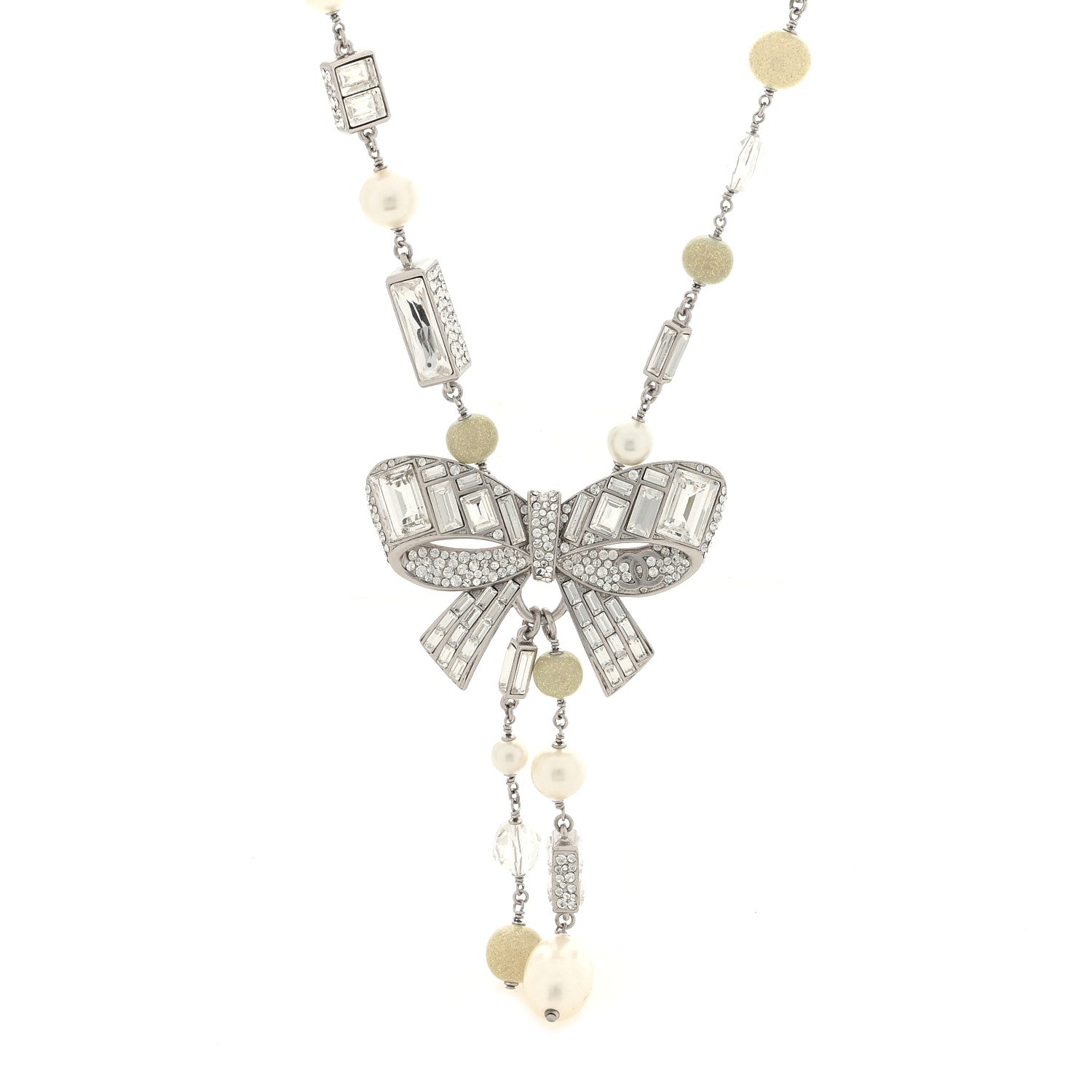 Chanel Crystal Baguette Pearl Bow Necklace Silver 1 of 4