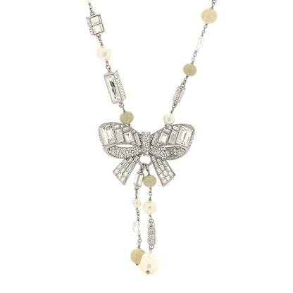 Chanel Crystal Baguette Pearl Bow Necklace Silver 1 of 4