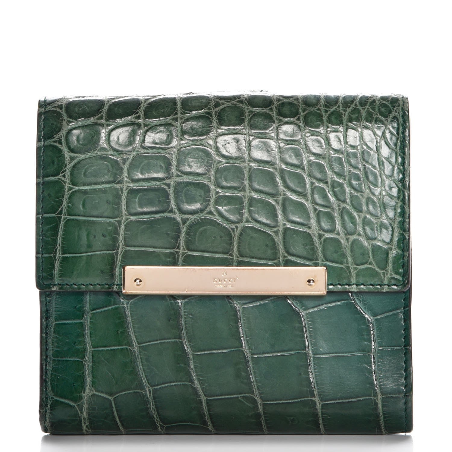 Gucci Crocodile Metal Bar French Flap Wallet Green 1 of 9