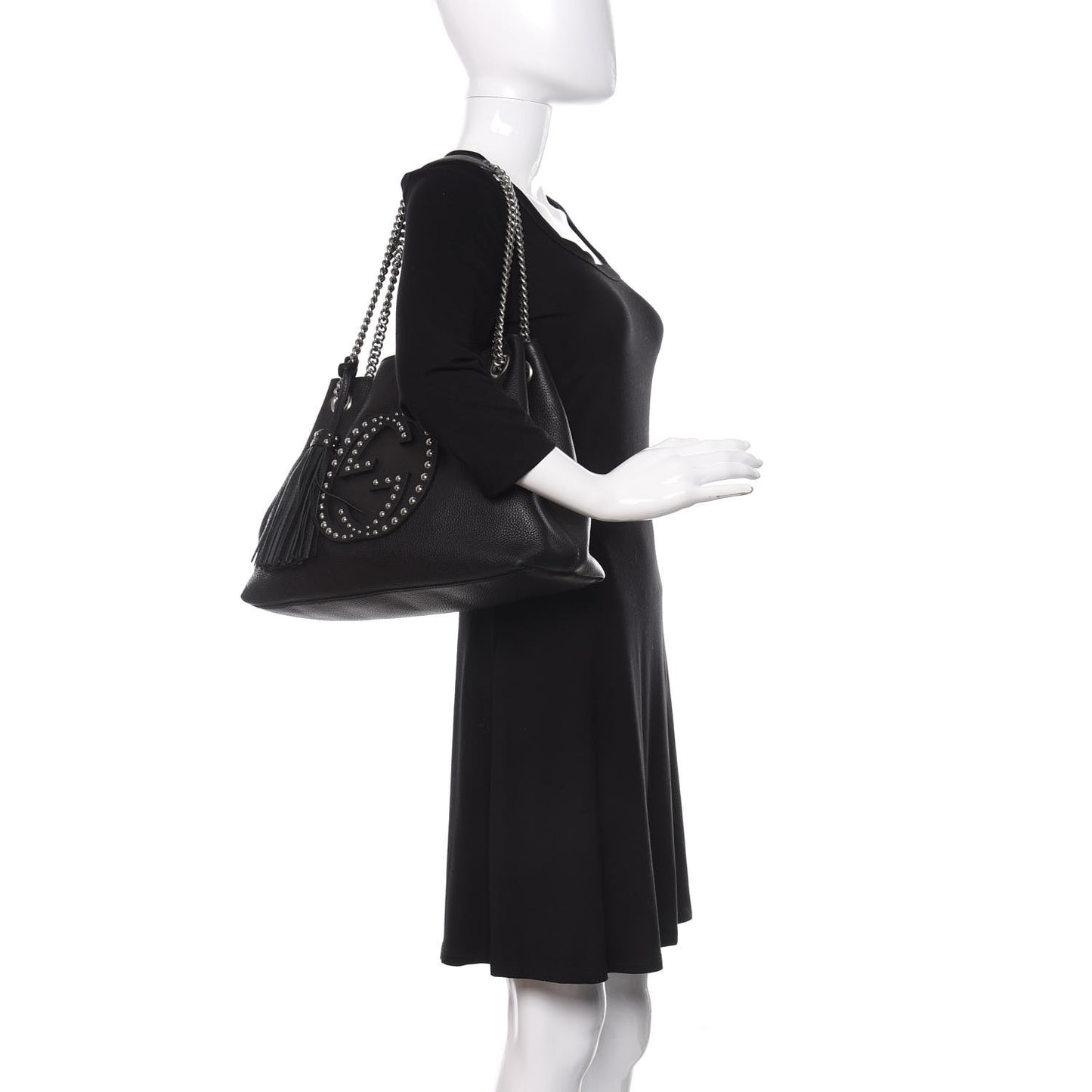 Pebbled Calfskin Studded Medium Soho Chain Shoulder Bag Black