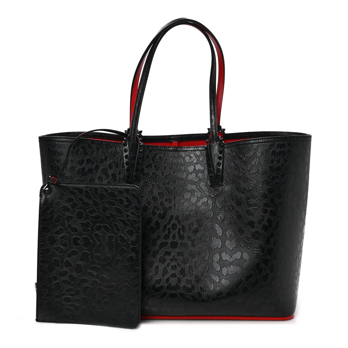 Patent Calfskin Leopard Print Spikes East West Cabata Tote Black
