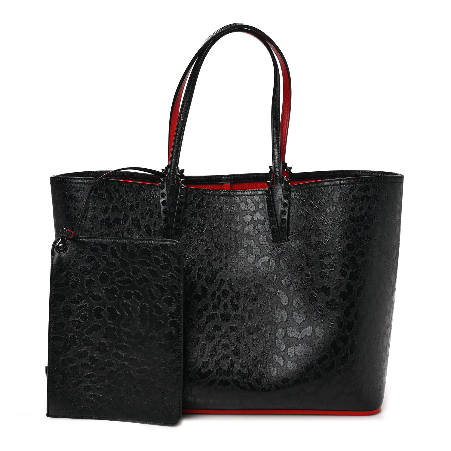Christian Louboutin Patent Calfskin Leopard Print Spikes East West Cabata Tote Black 1 of 10