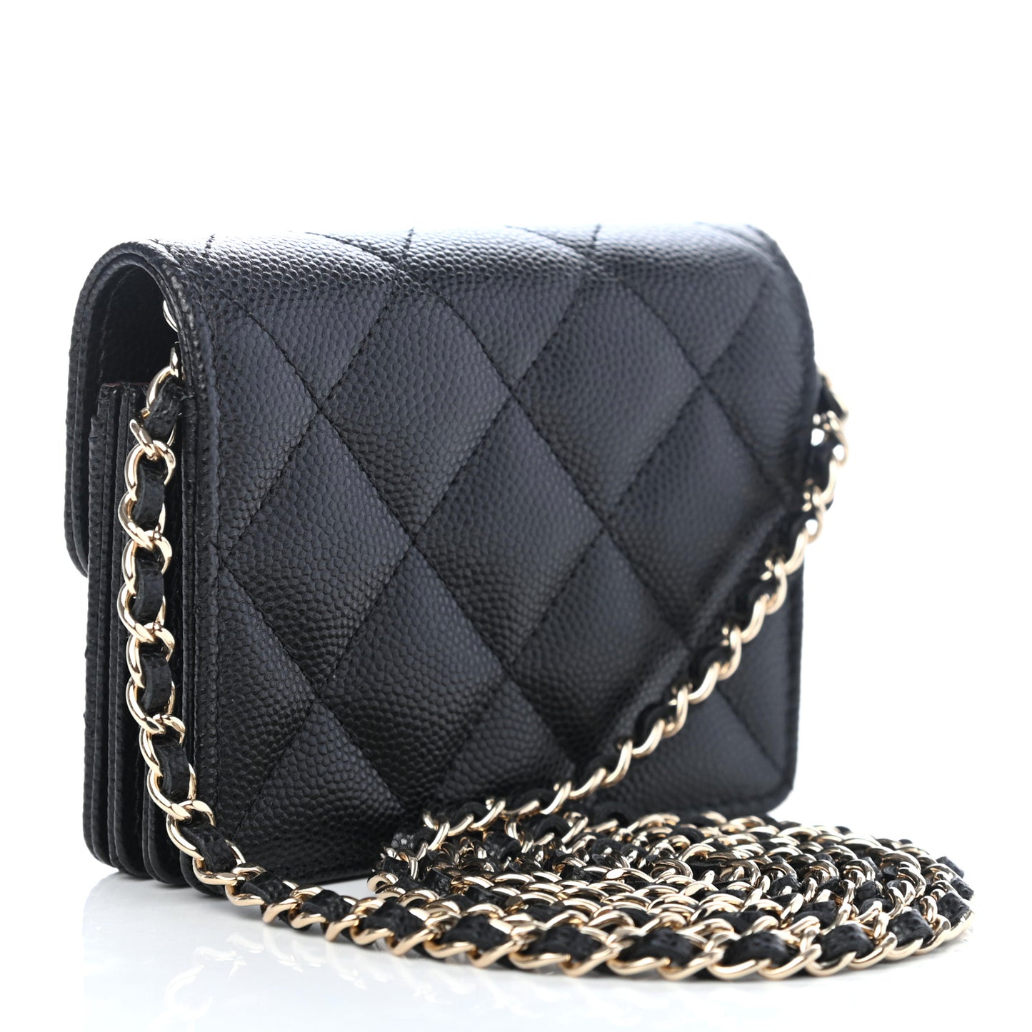 Caviar Quilted Flap Card Holder On Chain Black