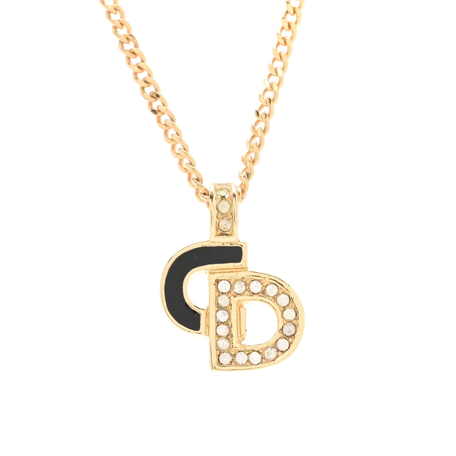 Christian Dior Metal Crystal Enamel CD Necklace Gold Black 4 of 6