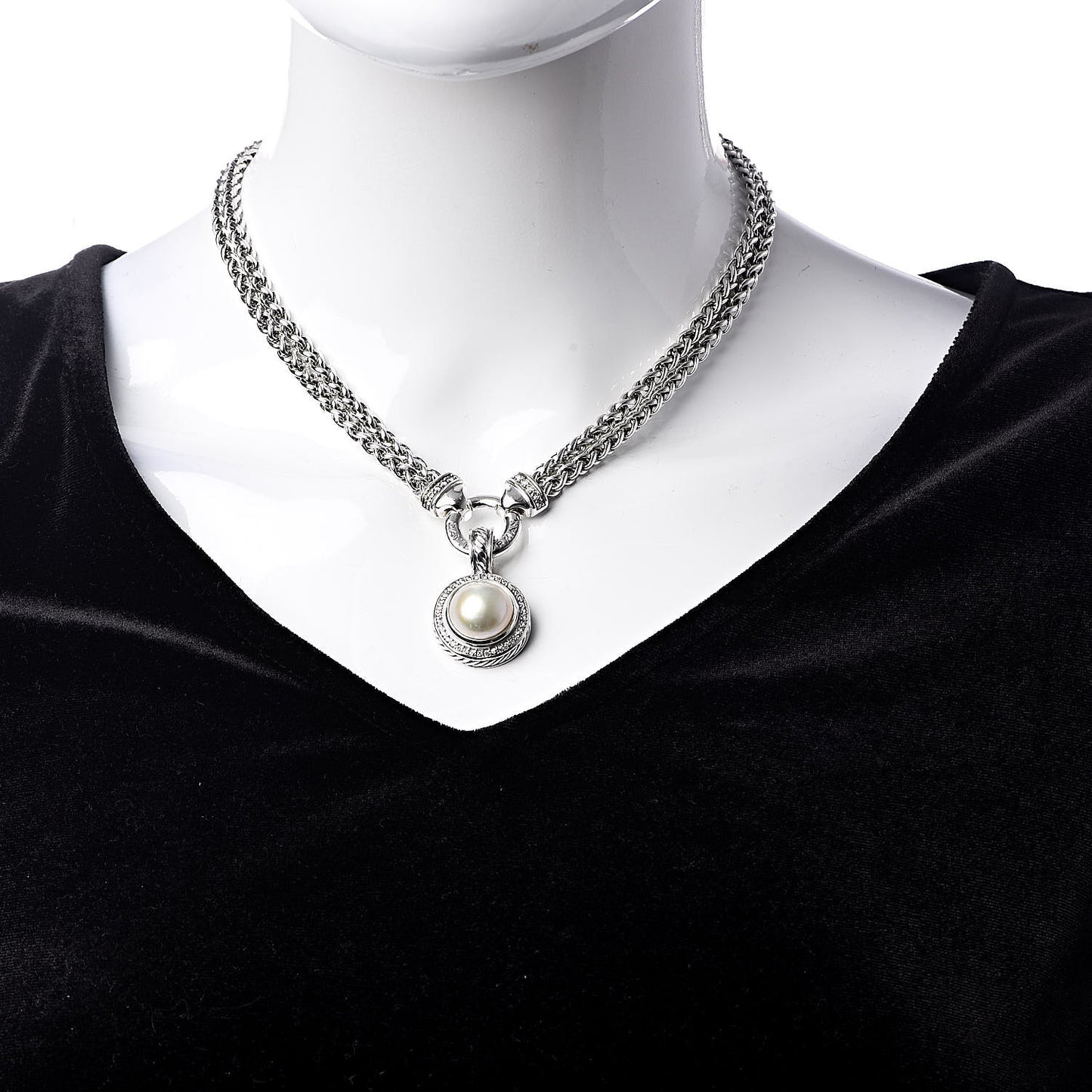 Sterling Silver Diamond Pearl Double Wheat Chain Pendant Necklace
